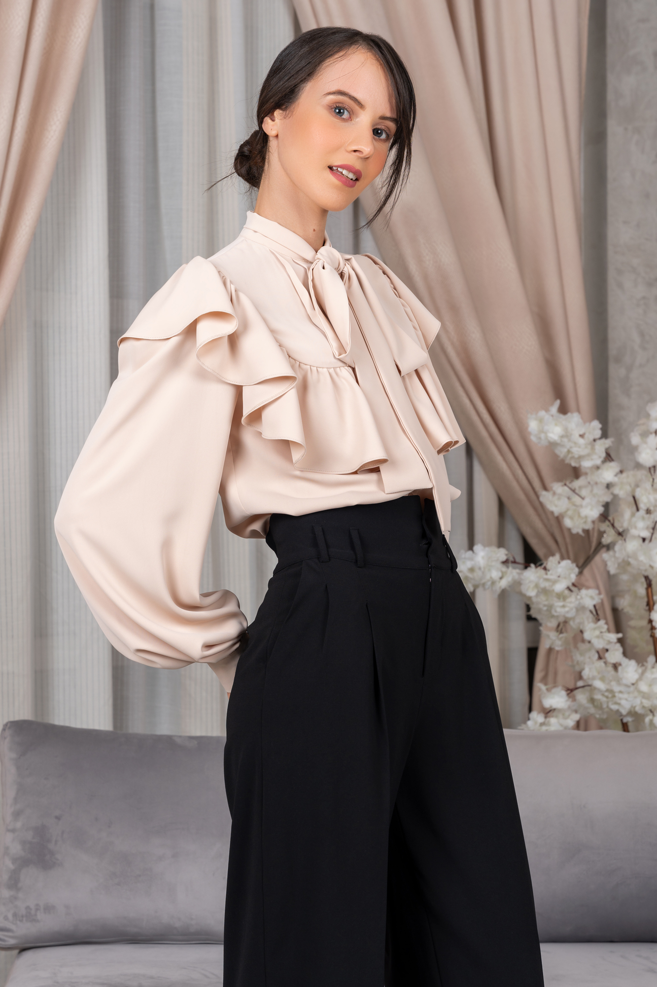 Beige Pleated Tie Neck Ruffled Shirt