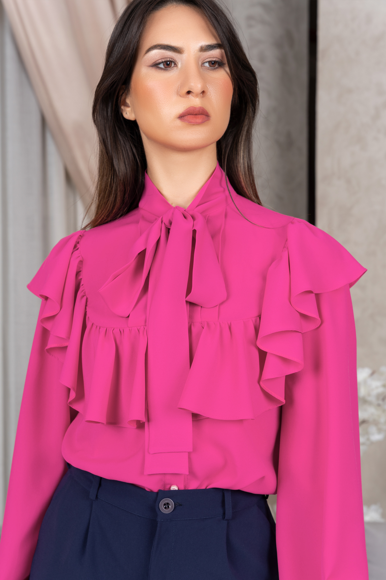 Fuchsia Pleated Tie Neck Ruffled Shirt