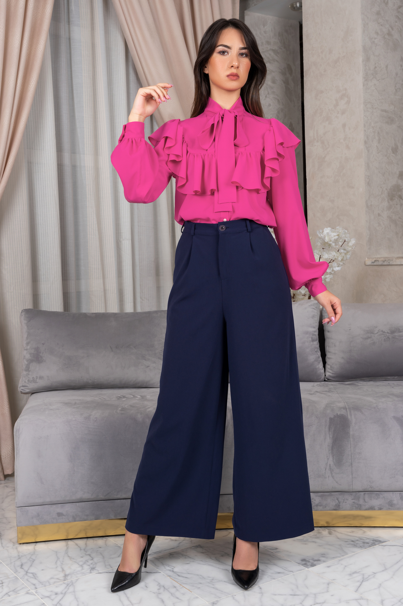 Fuchsia Pleated Tie Neck Ruffled Shirt