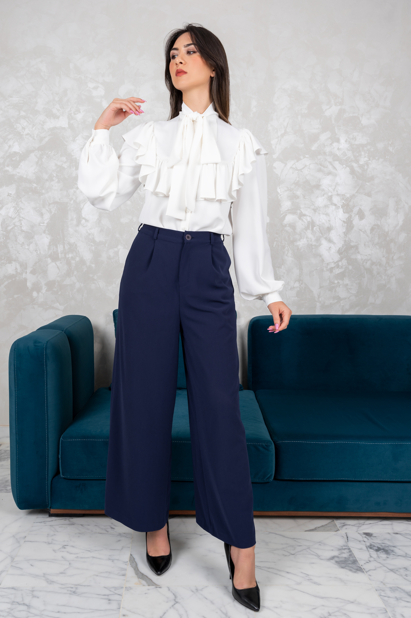 White Pleated Tie Neck Ruffled Shirt