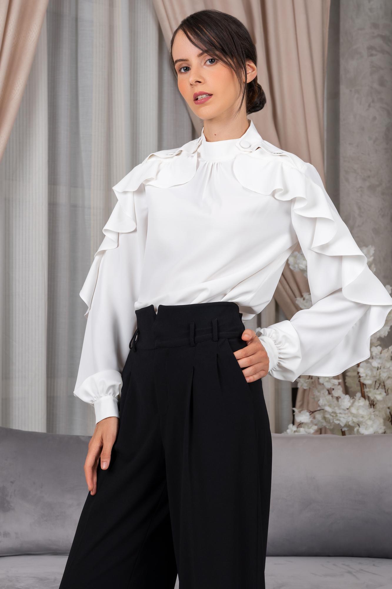 White Ruffle Sleeve Shirt with Button