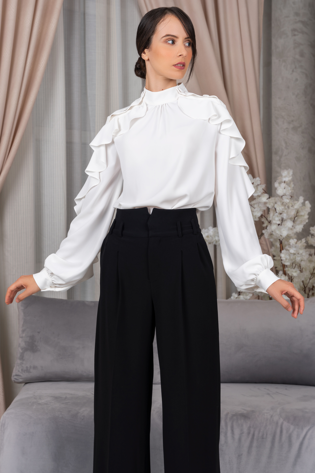 White Ruffle Sleeve Shirt with Button