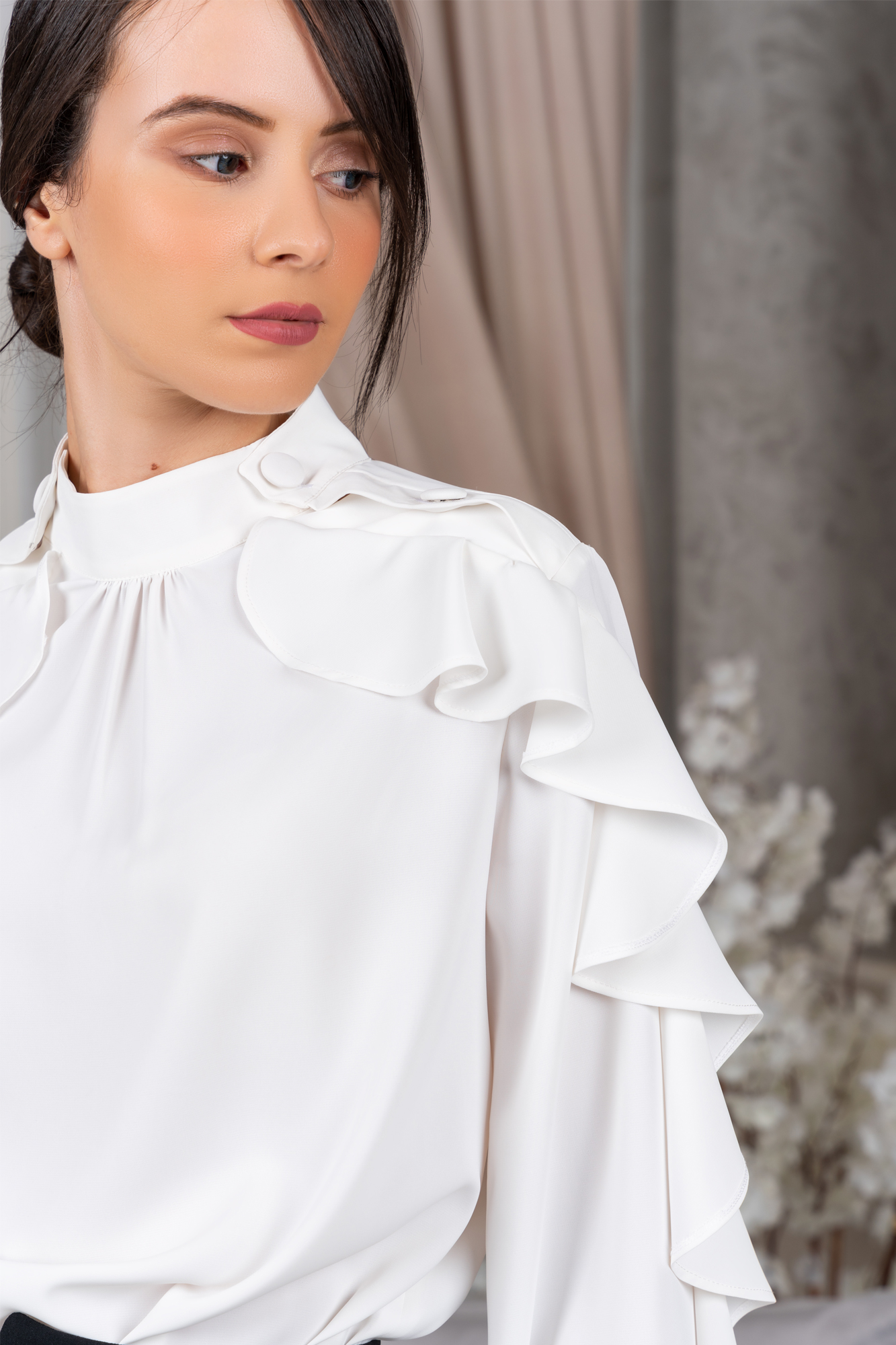 White Ruffle Sleeve Shirt with Button