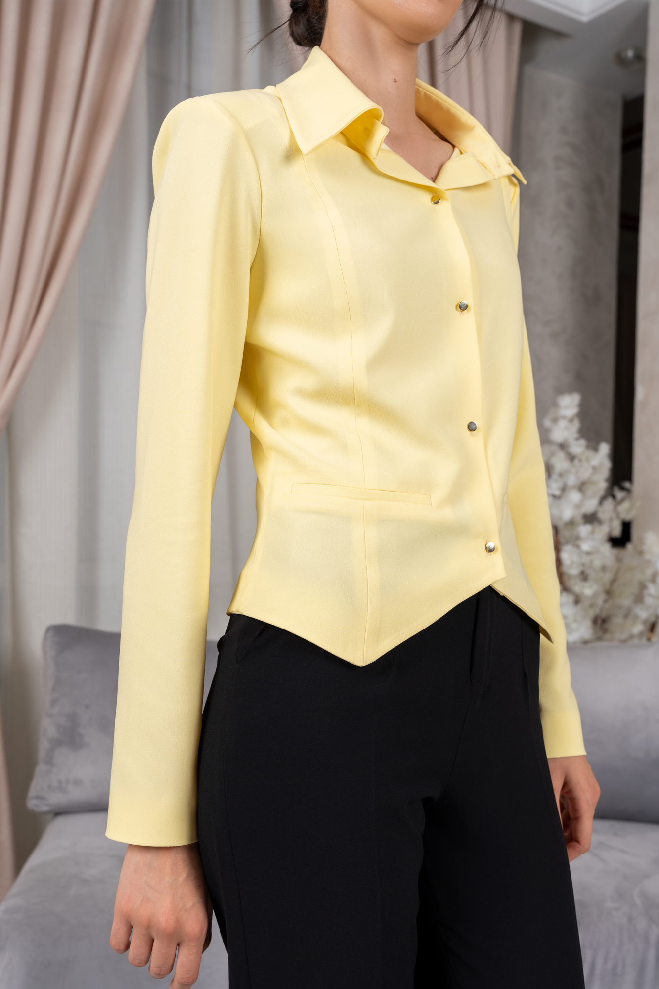 Yellow Cropped Jacket With Golden Button