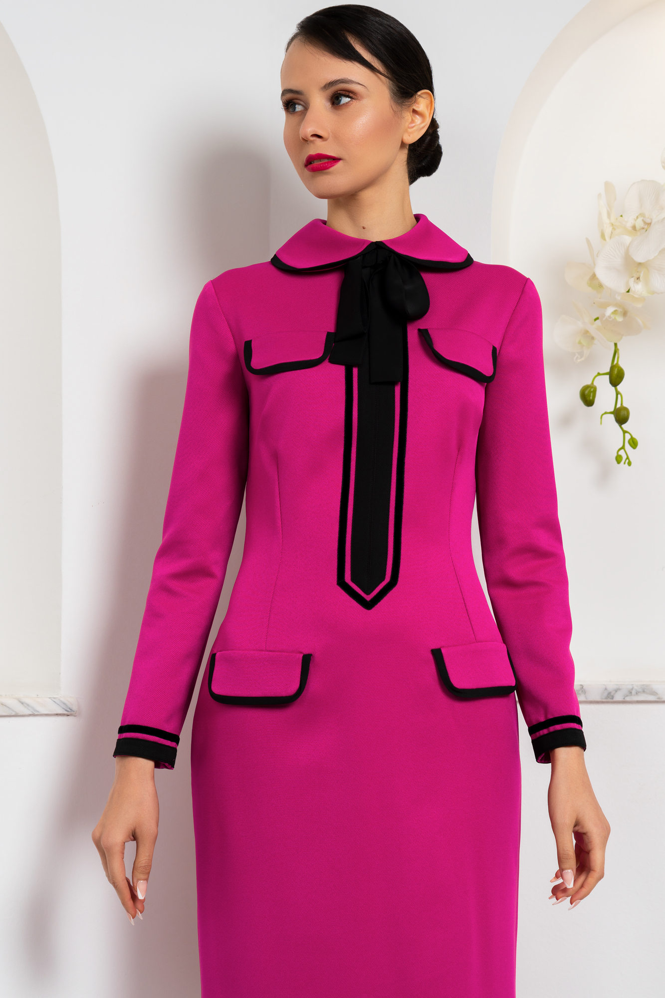 Bow Neck Piped Dress In Fuchsia