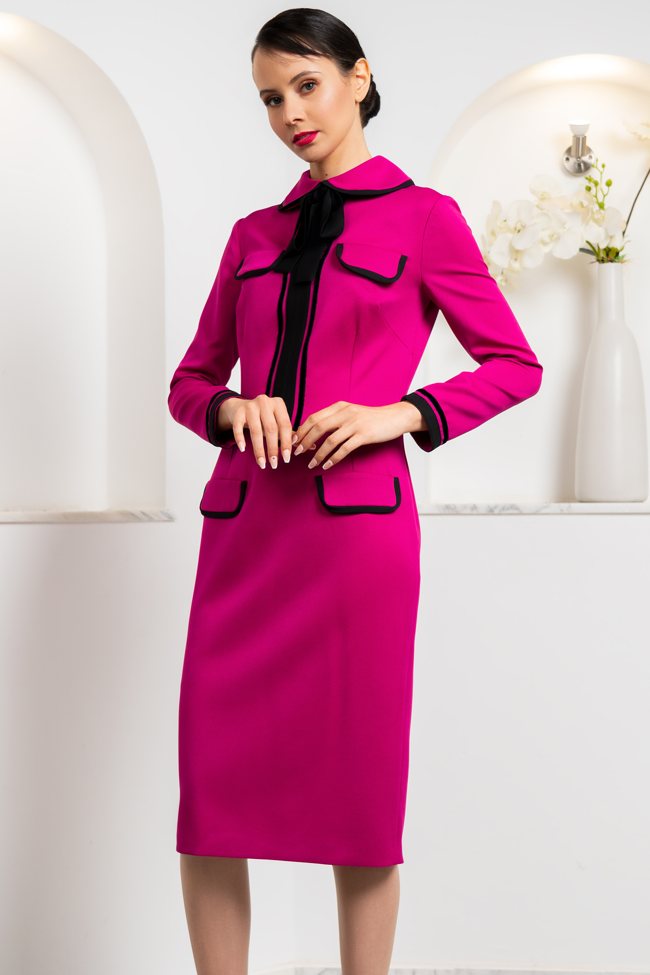 Bow Neck Piped Dress In Fuchsia