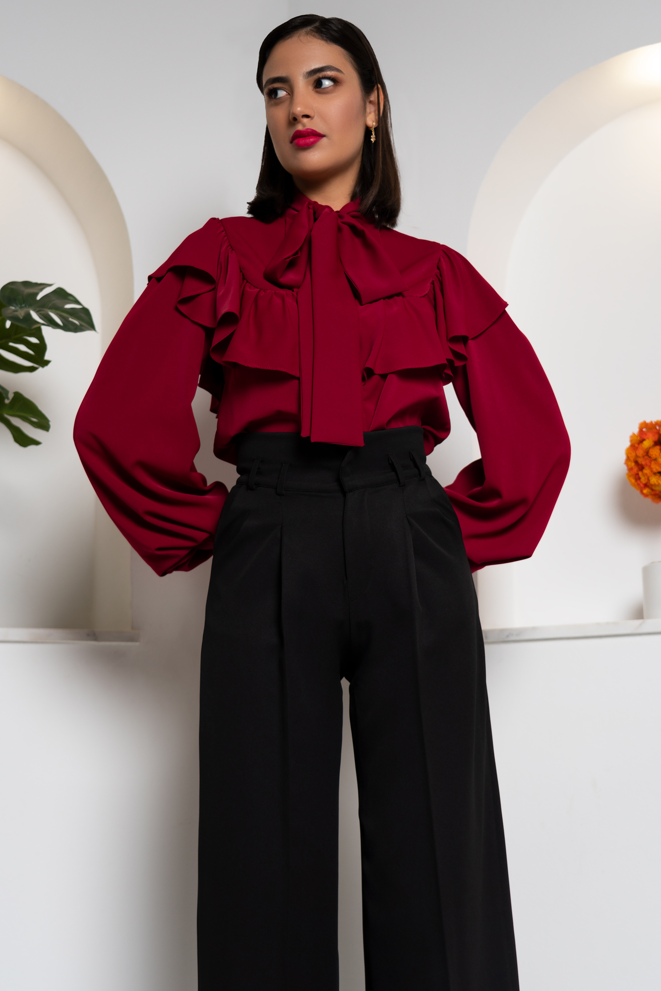 Bow Neck Ruffled Red Shirt