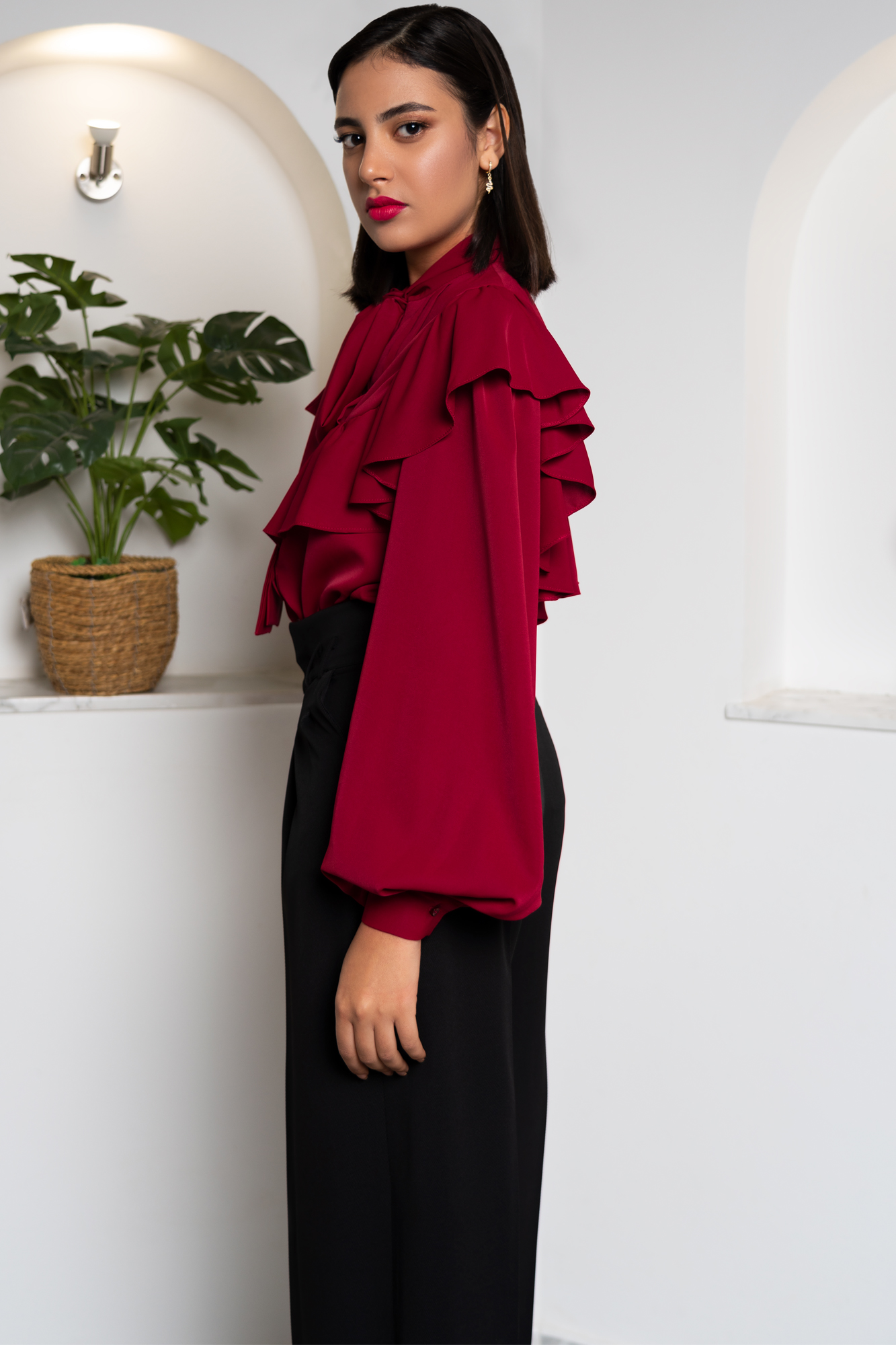 Bow Neck Ruffled Red Shirt