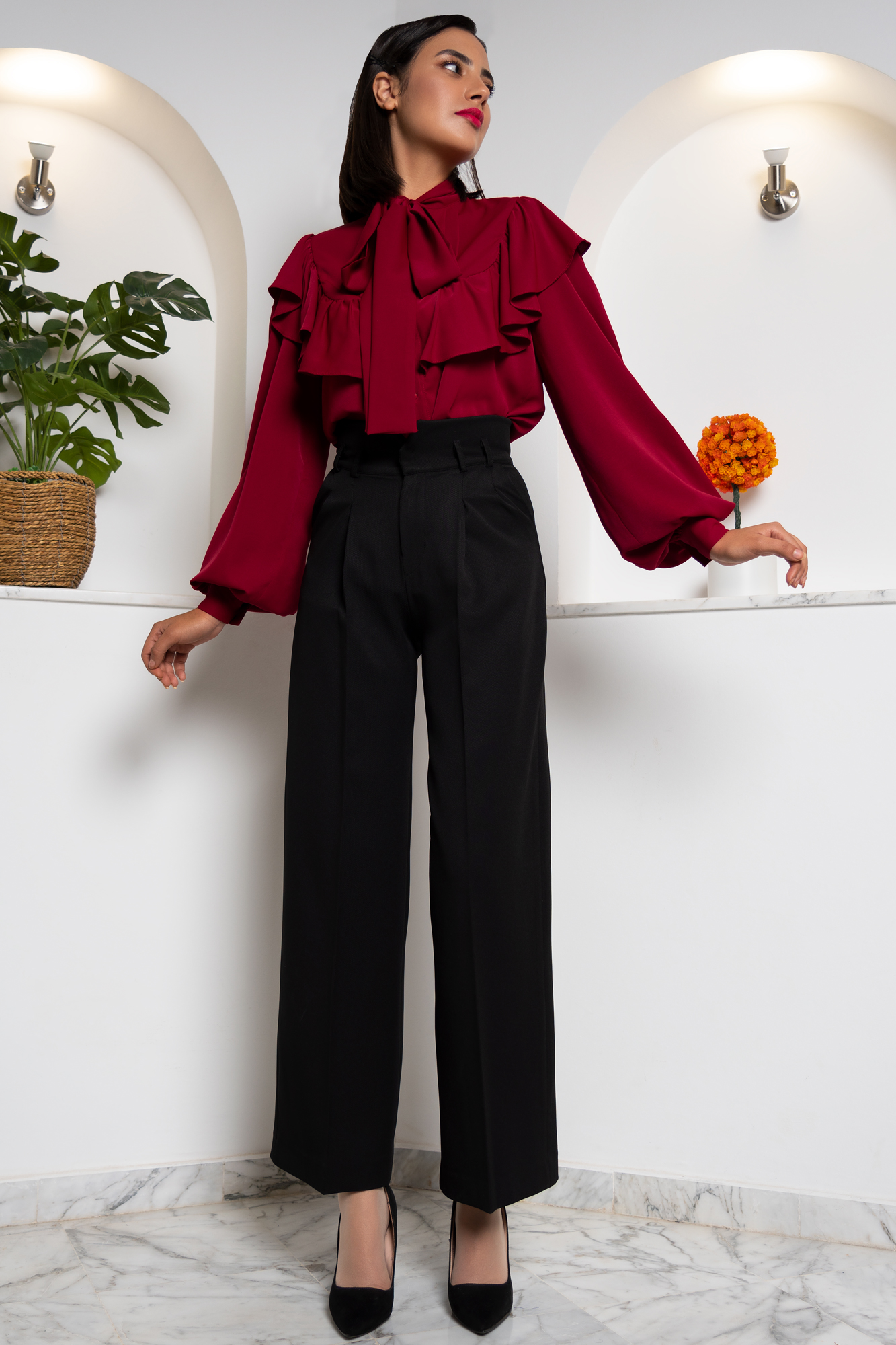 Bow Neck Ruffled Red Shirt