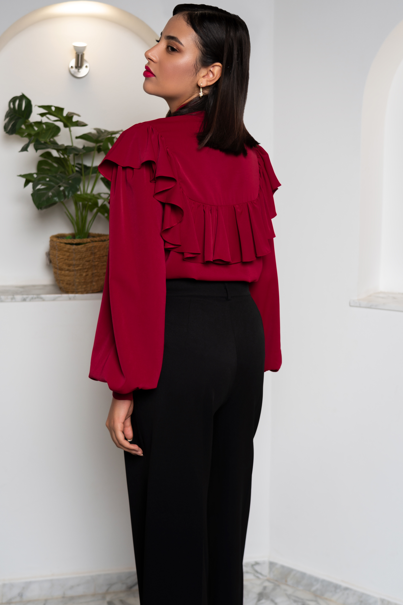 Bow Neck Ruffled Red Shirt