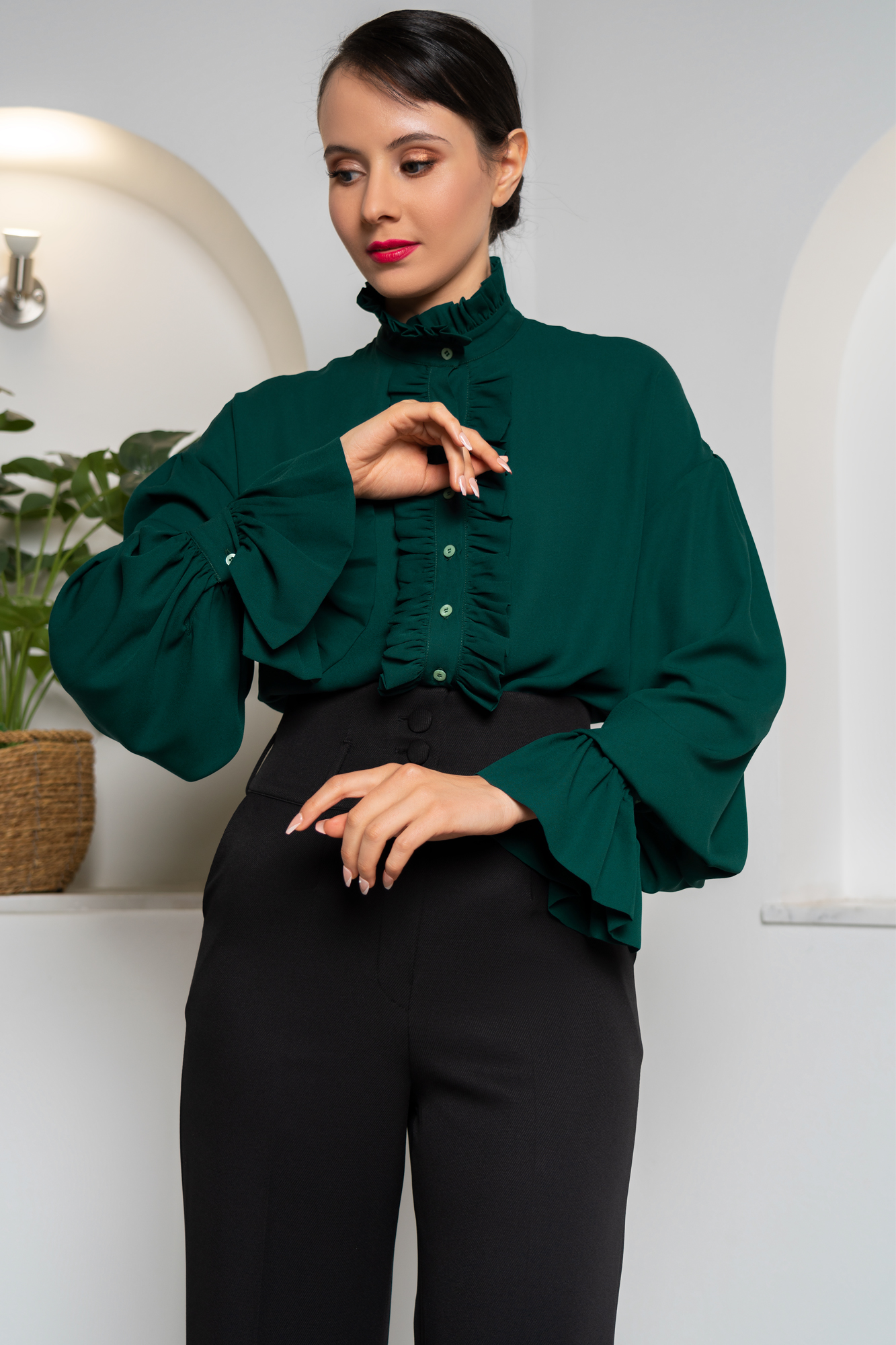 Ruffle Front High Neck Green Shirt