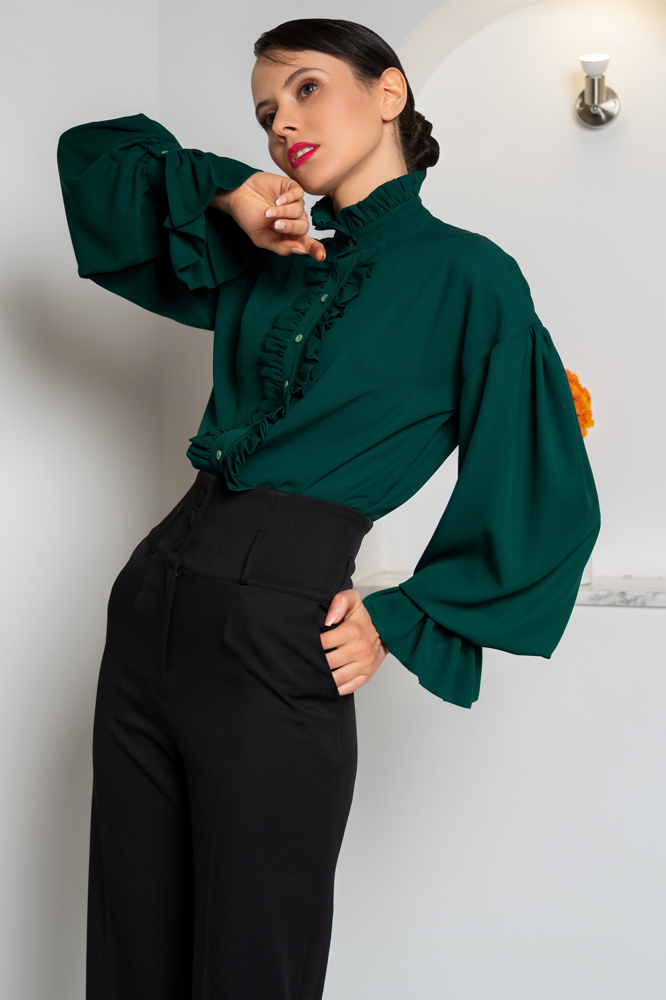 Ruffle Front High Neck Green Shirt And Black Pants