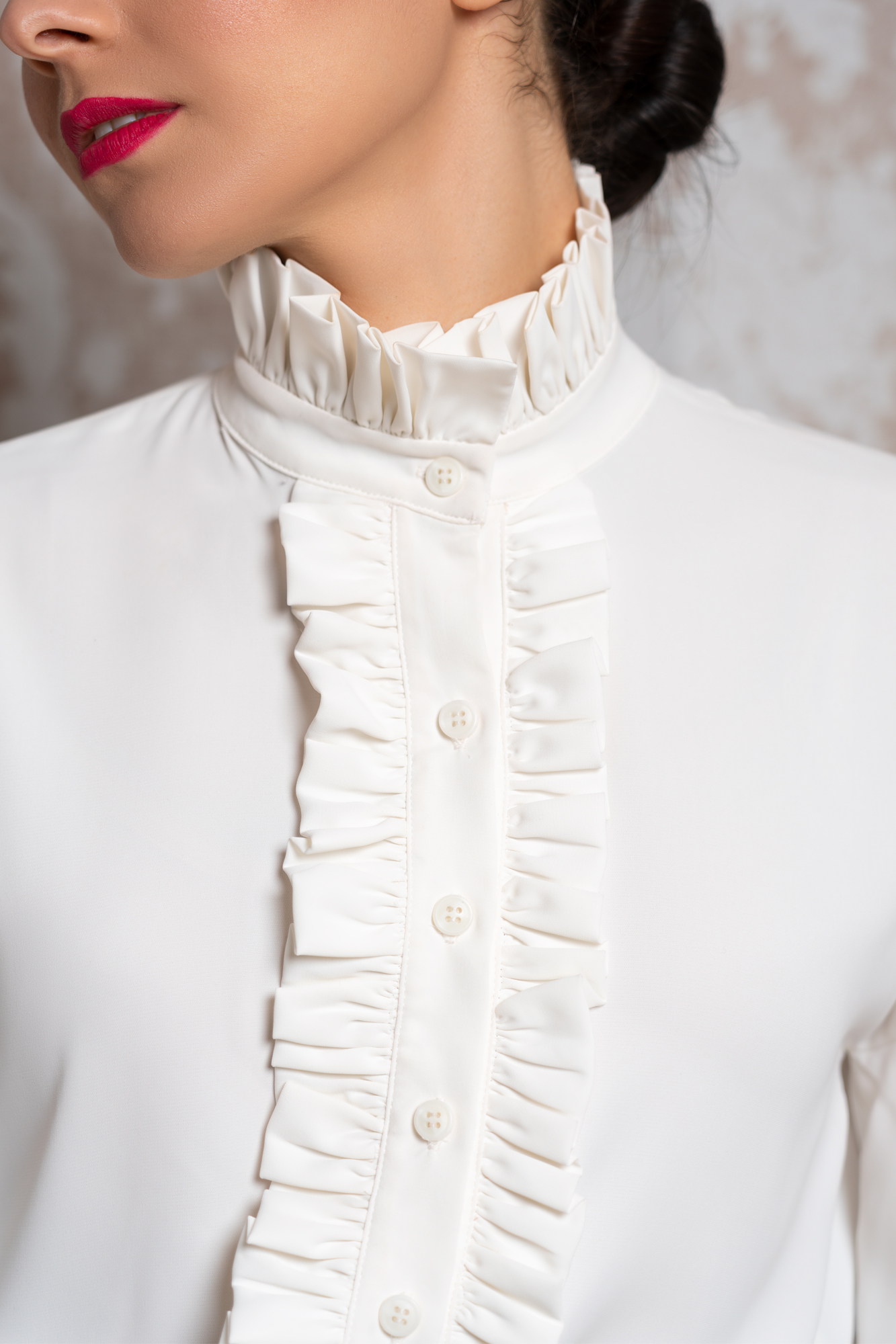 Ruffle Front High Neck White Shirt