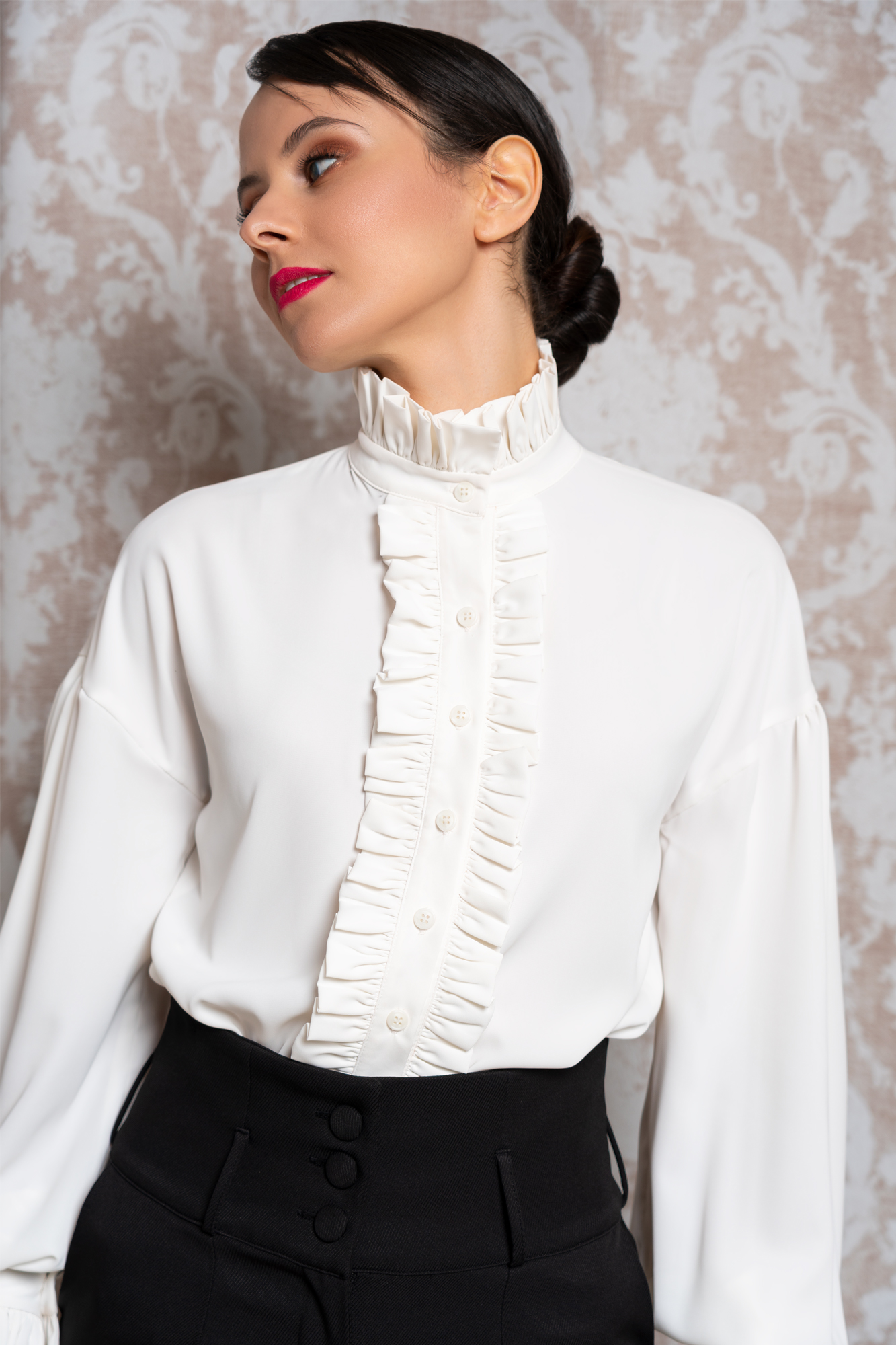 Ruffle Front High Neck White Shirt