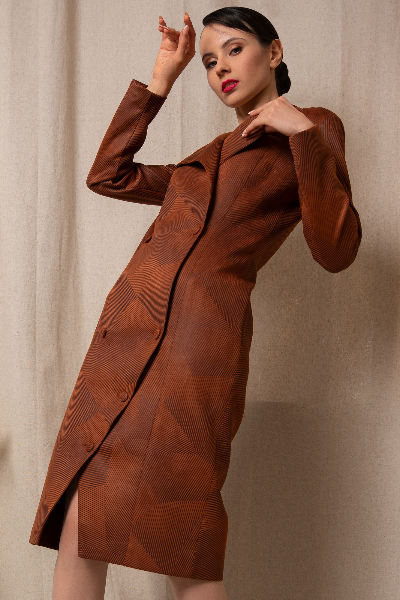 Textured Double Breasted Tobacco Brown Dress