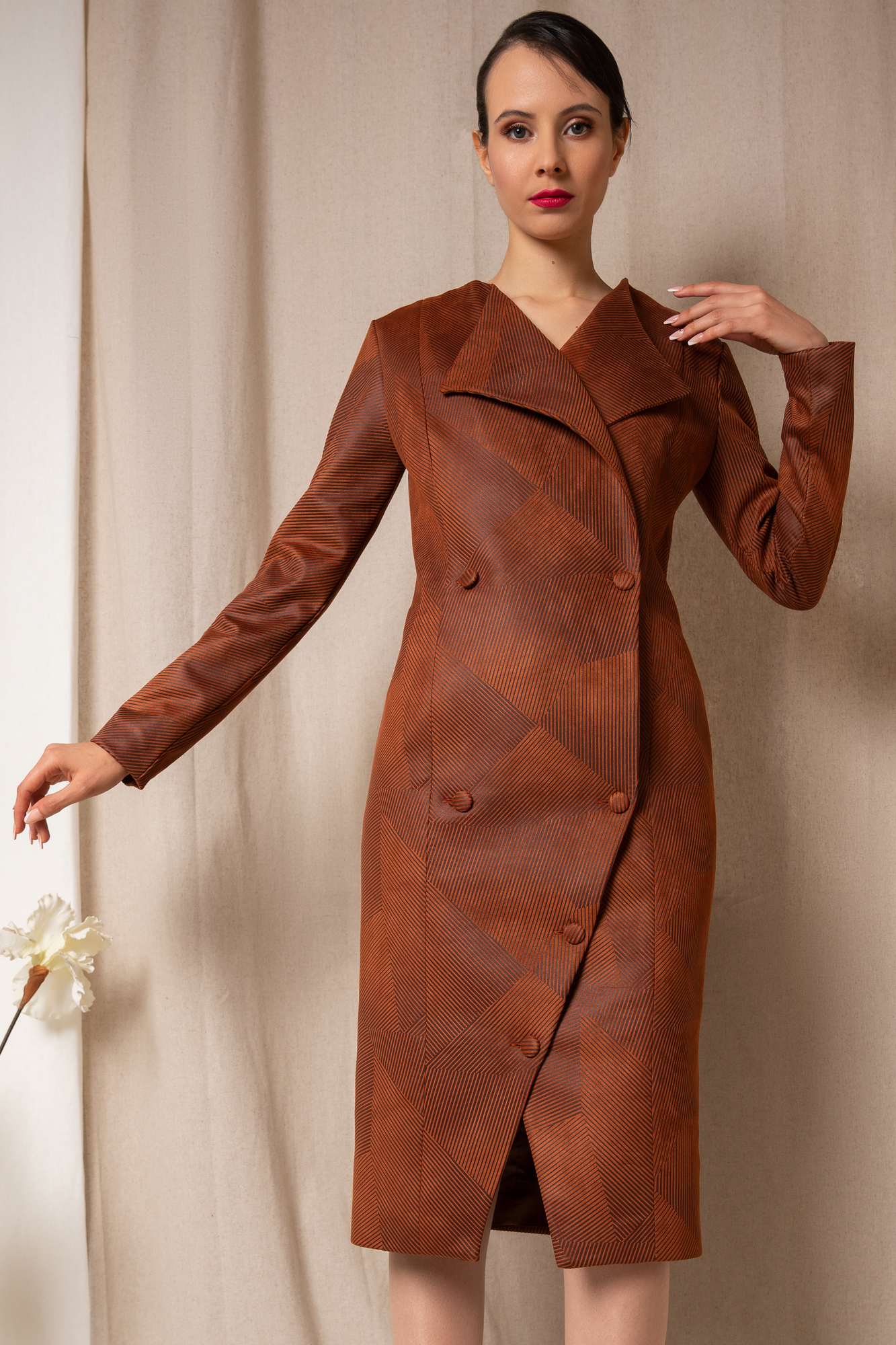 Textured Double Breasted Tobacco Brown Dress