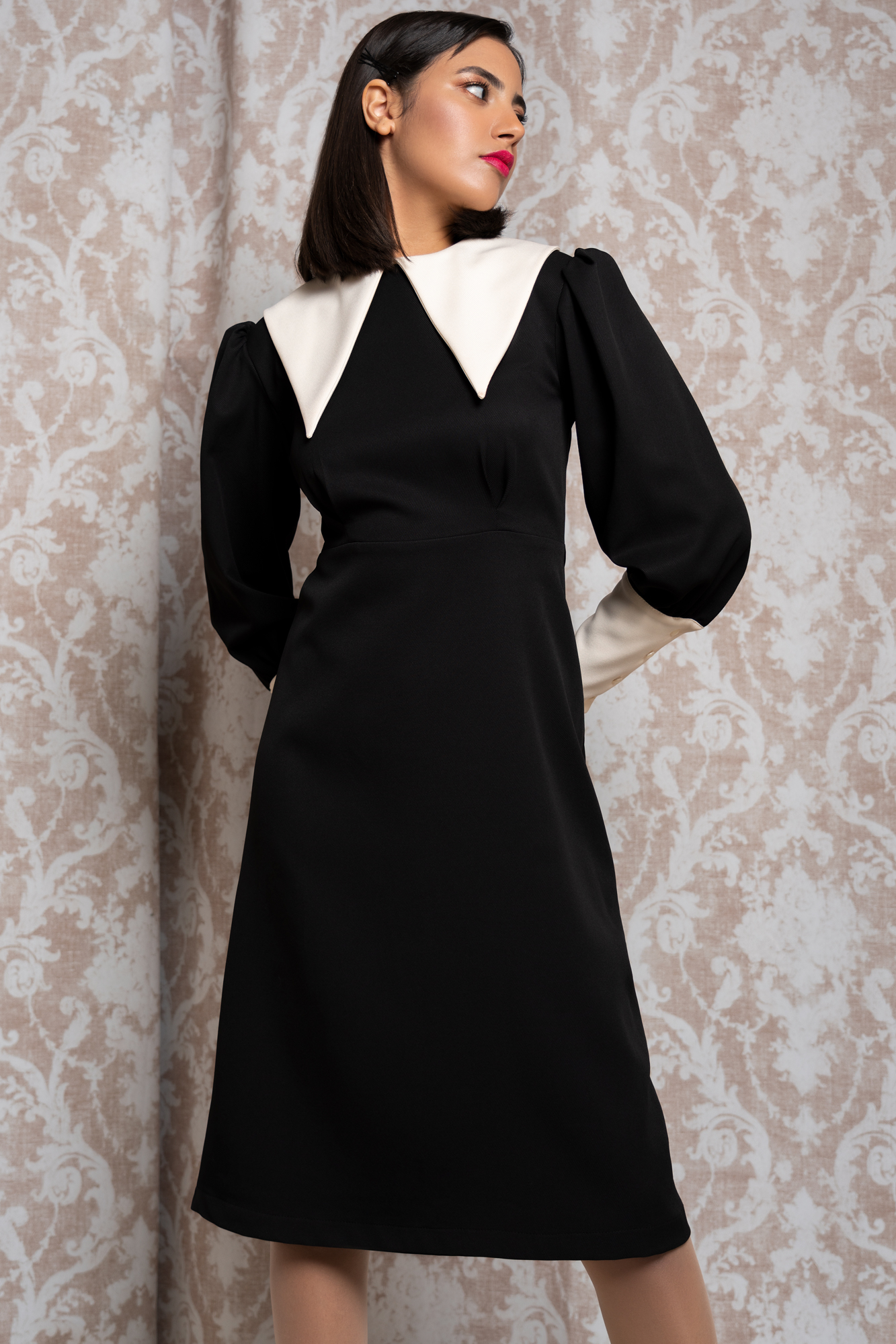 Contrast Collar Black Dress With Faux Pearl Buttons