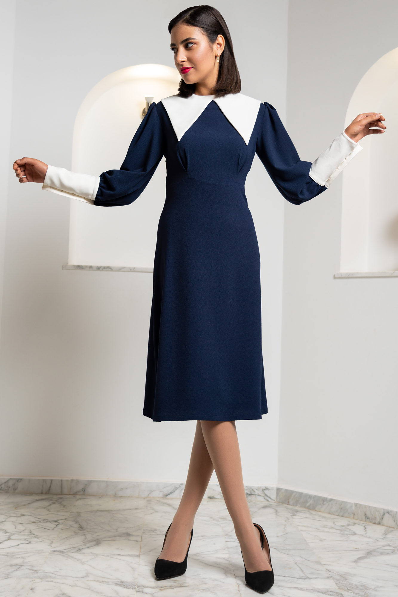 Contrast Collar Blue Dress With Faux Pearl Buttons