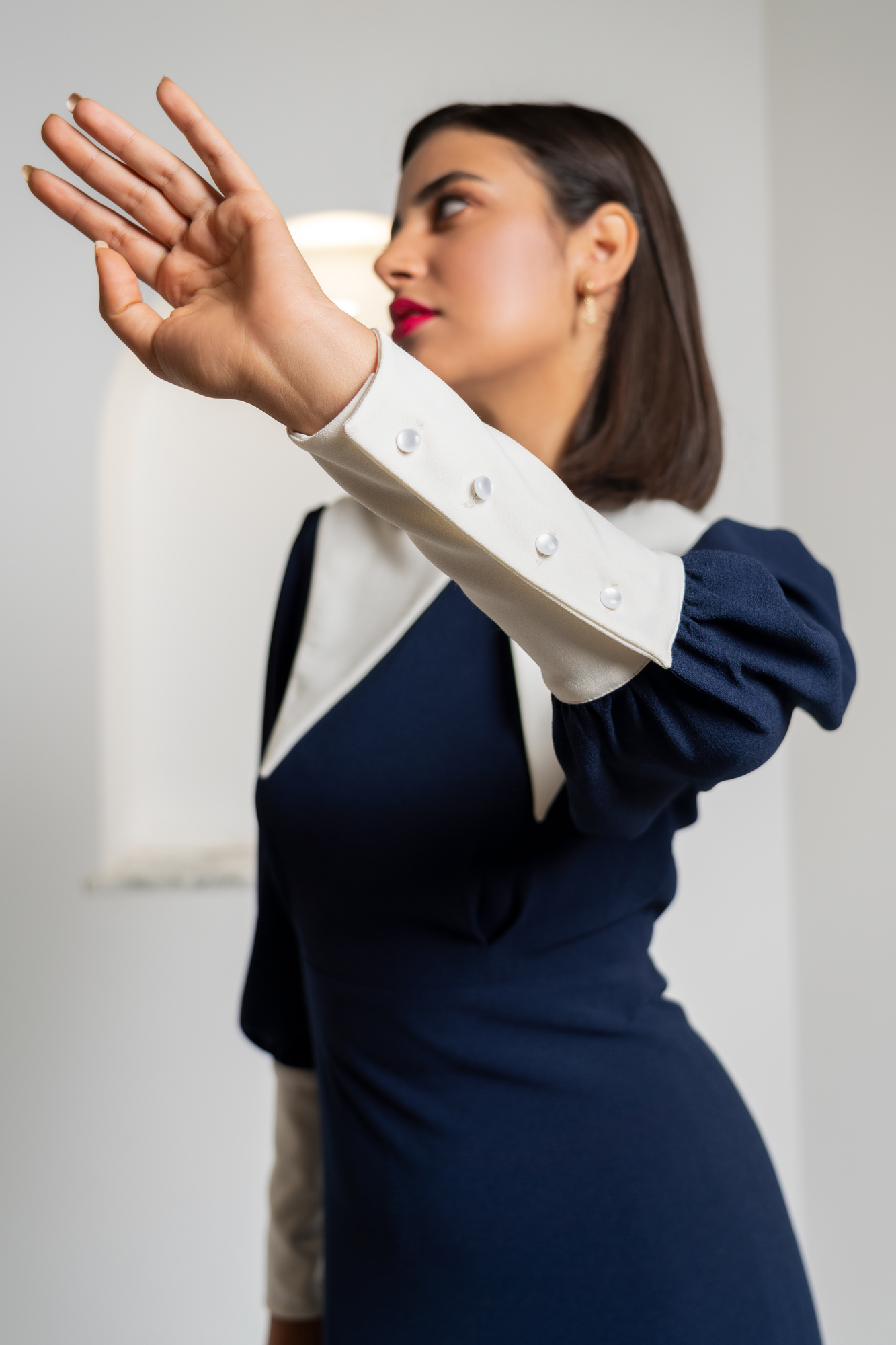 Contrast Collar Blue Dress With Faux Pearl Buttons