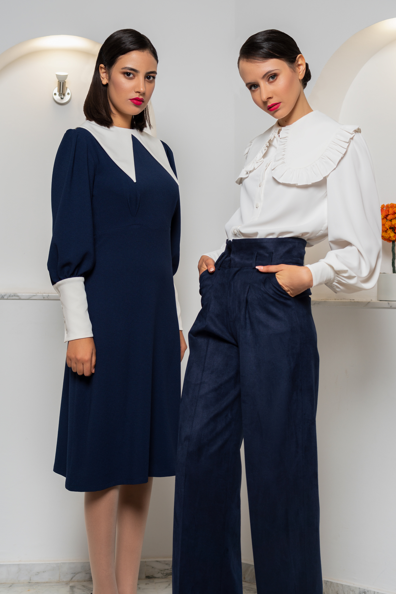 Contrast Collar Blue Dress With Faux Pearl Buttons