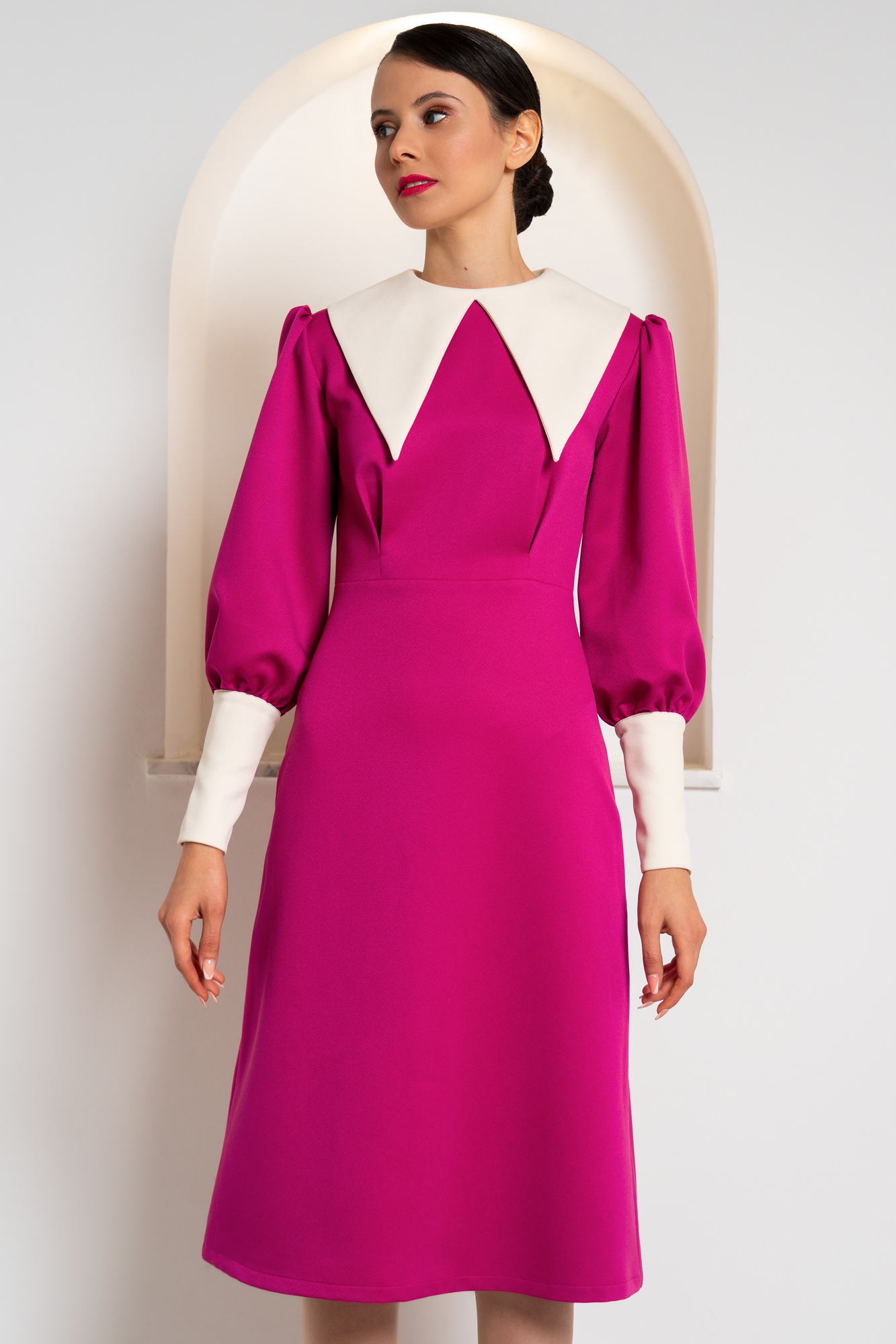 Contrast Collar Fuchsia Dress With Faux Pearl Buttons