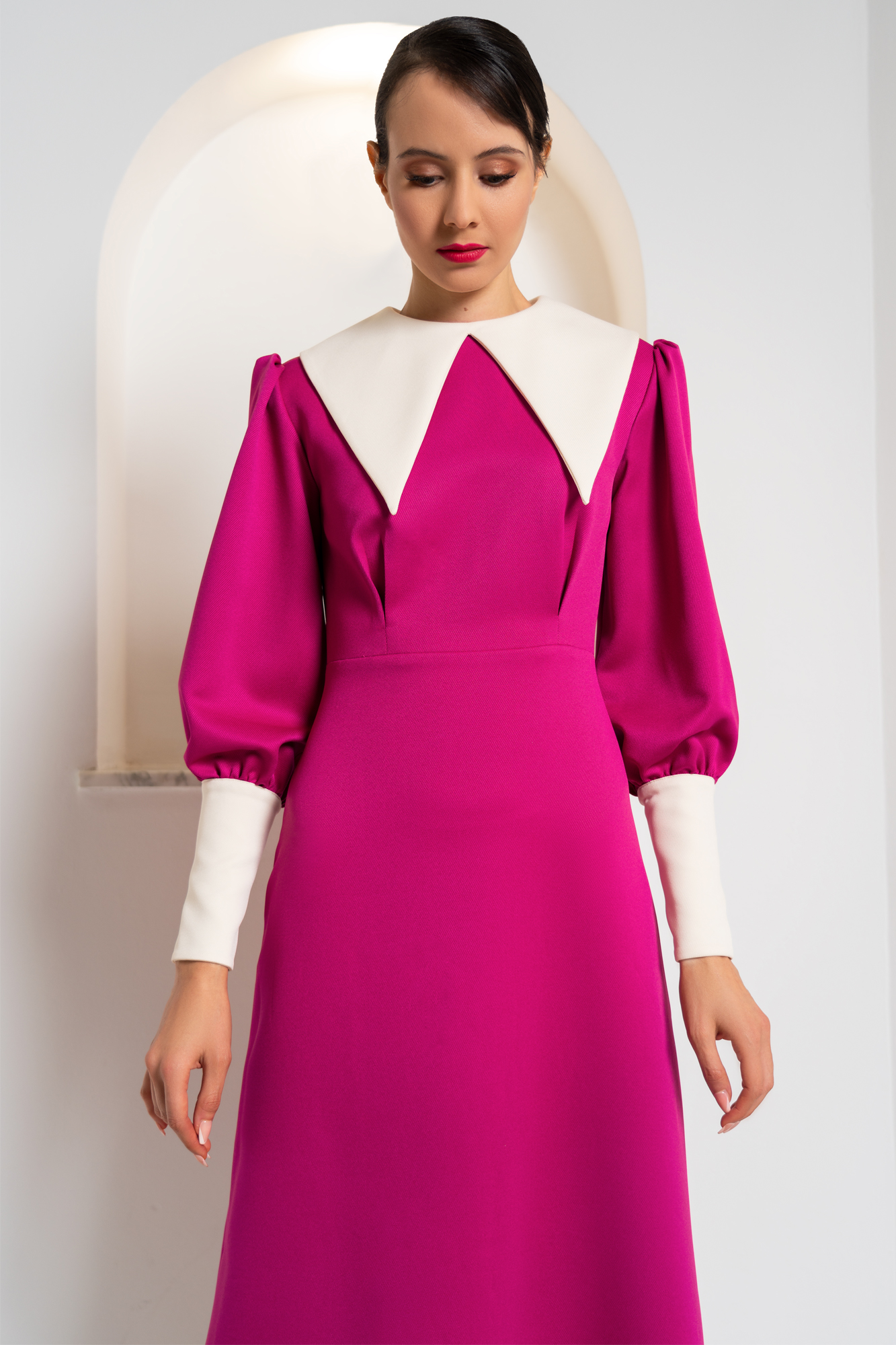 Contrast Collar Fuchsia Dress With Faux Pearl Buttons