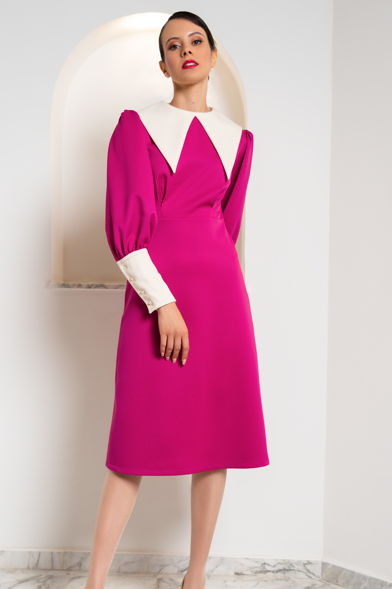 Contrast Collar Fuchsia Dress With Faux Pearl Buttons