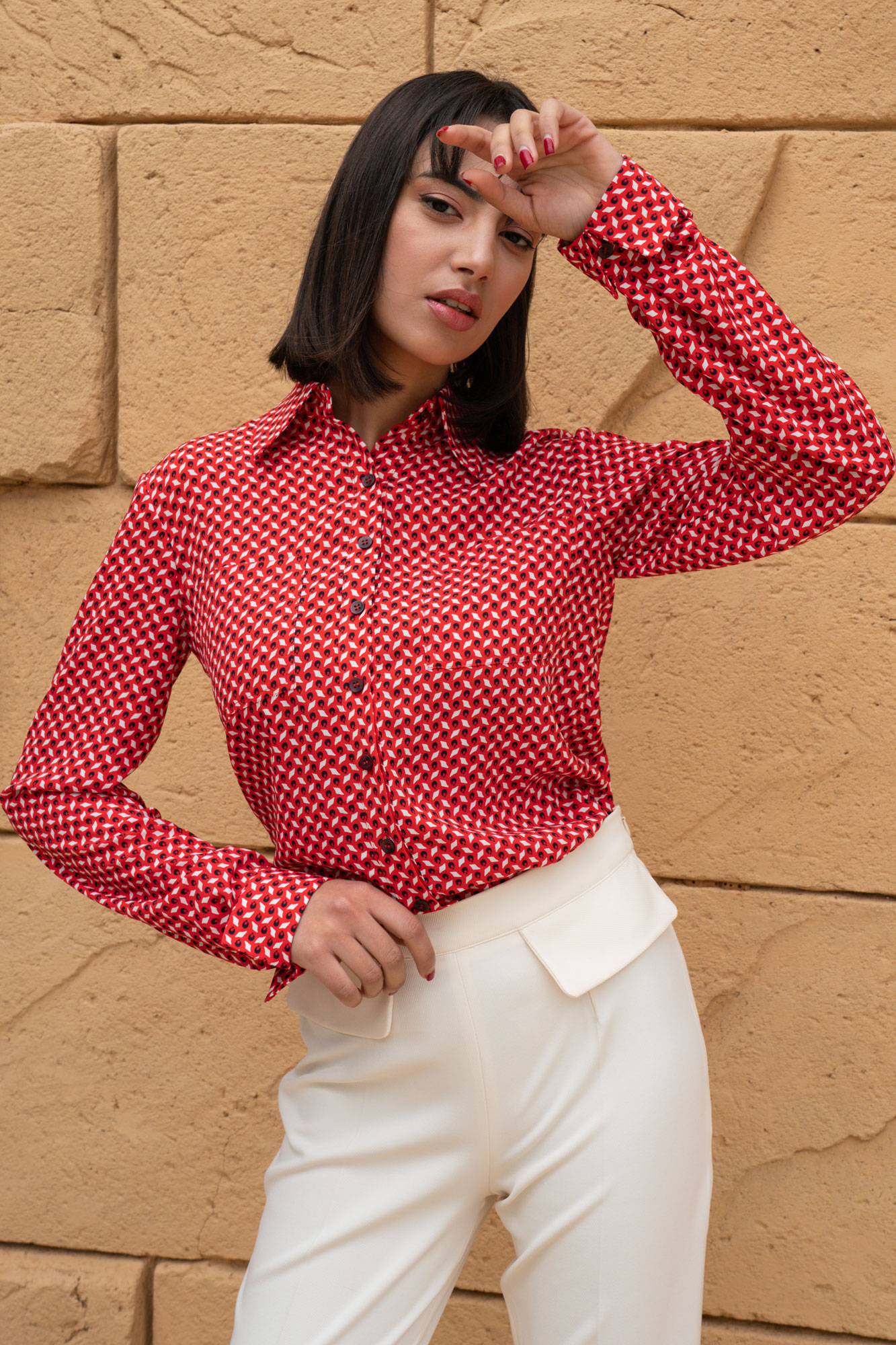 Classy Geometric Print Formal Red Shirt