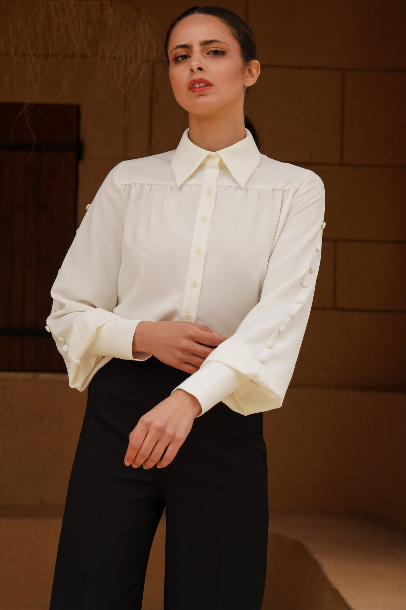 Cornsilk Puff Sleeve Shirt With Buttons