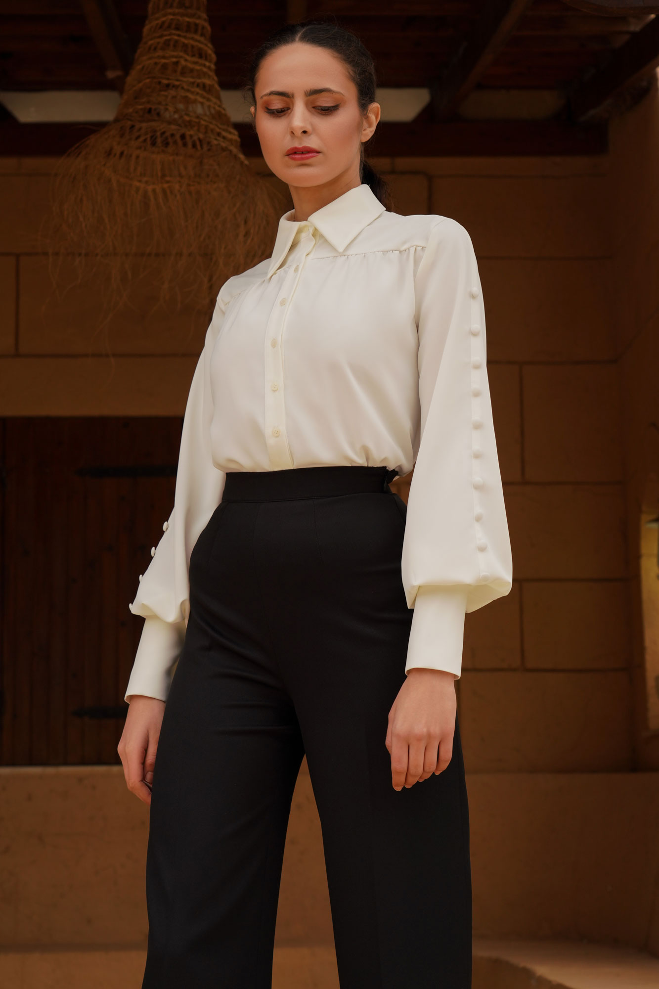 Cornsilk Puff Sleeve Shirt With Buttons