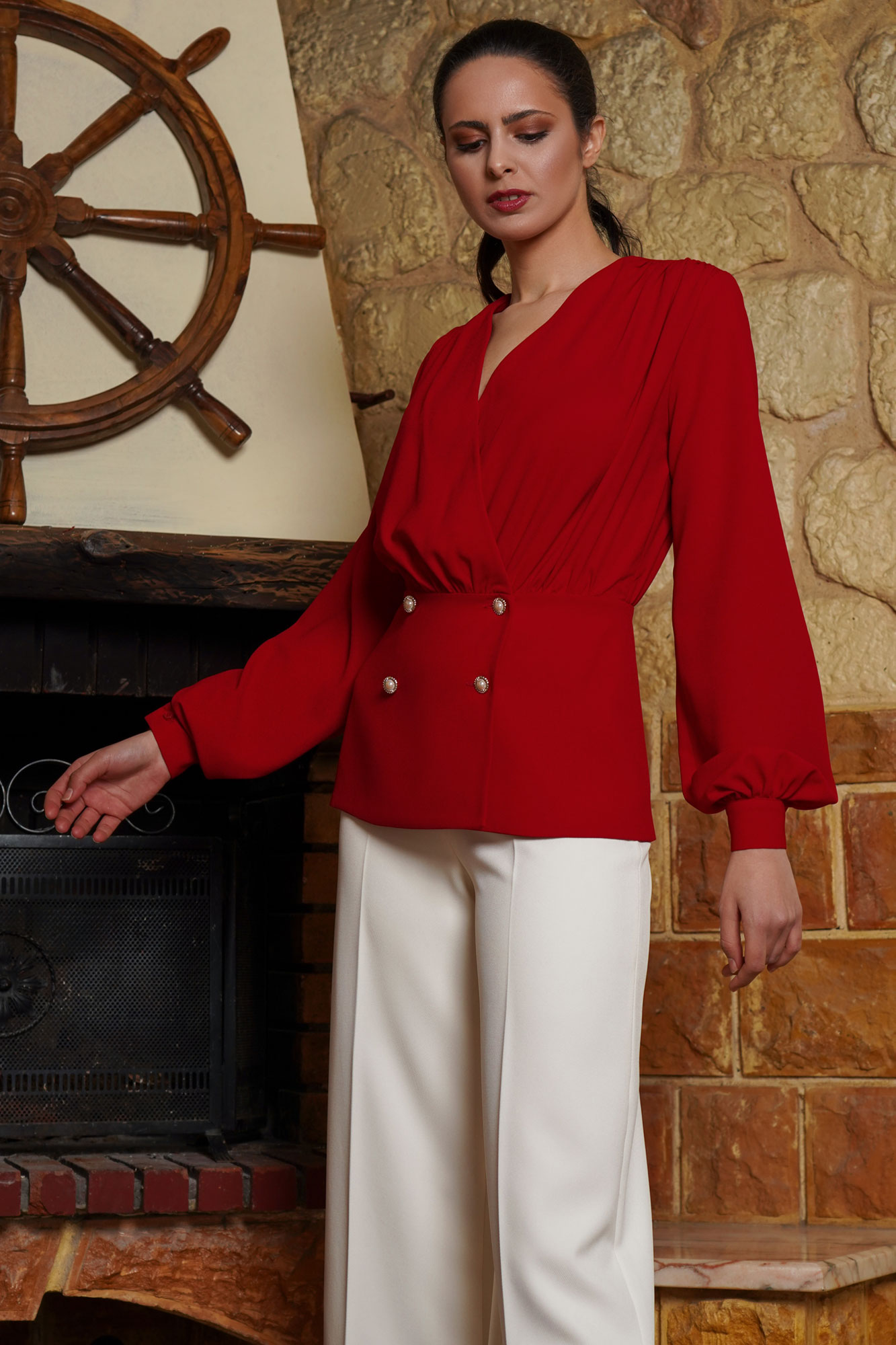 Draped Neckline Crimson Red Shirt