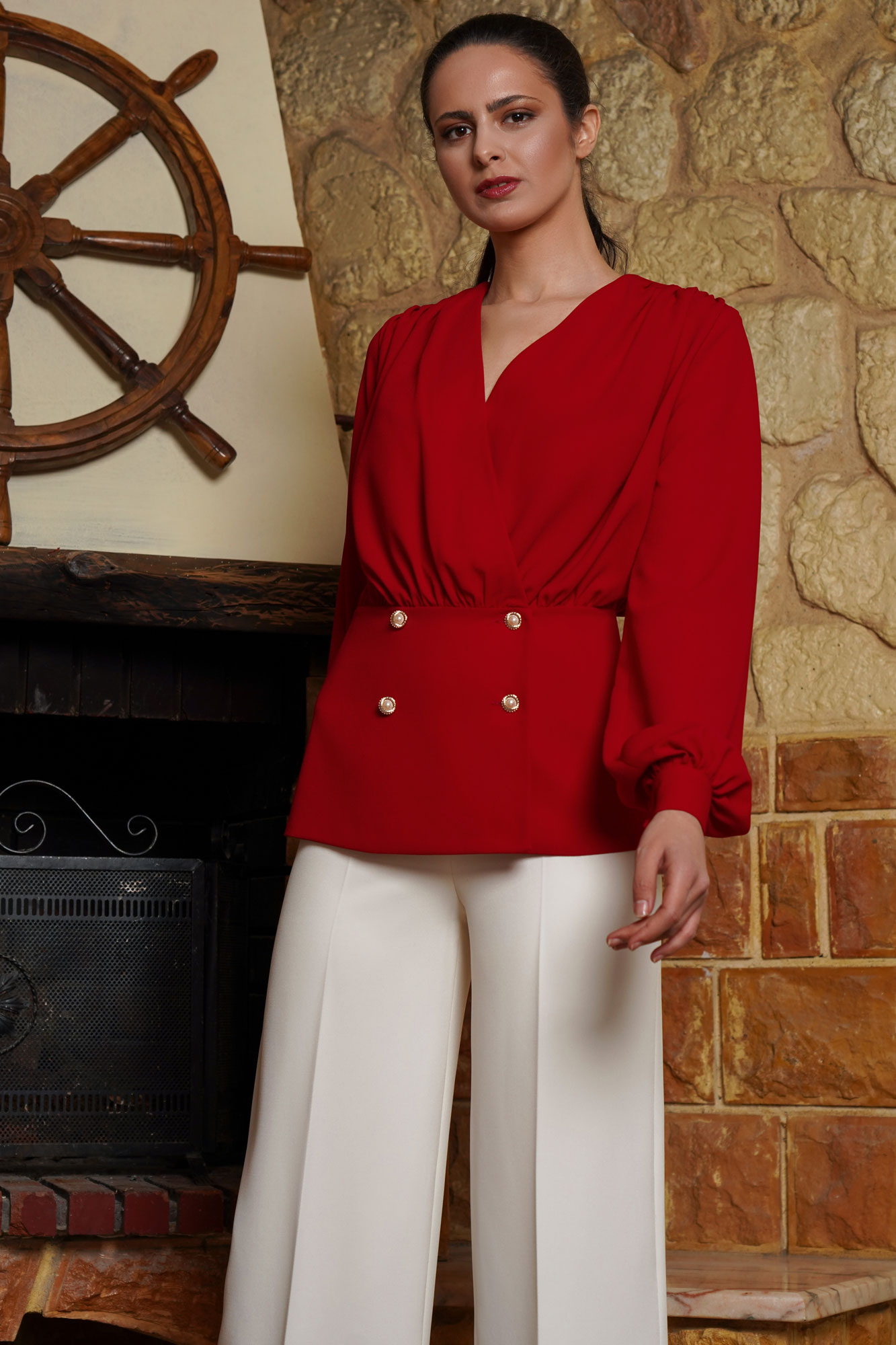 Draped Neckline Crimson Red Shirt And White Pants