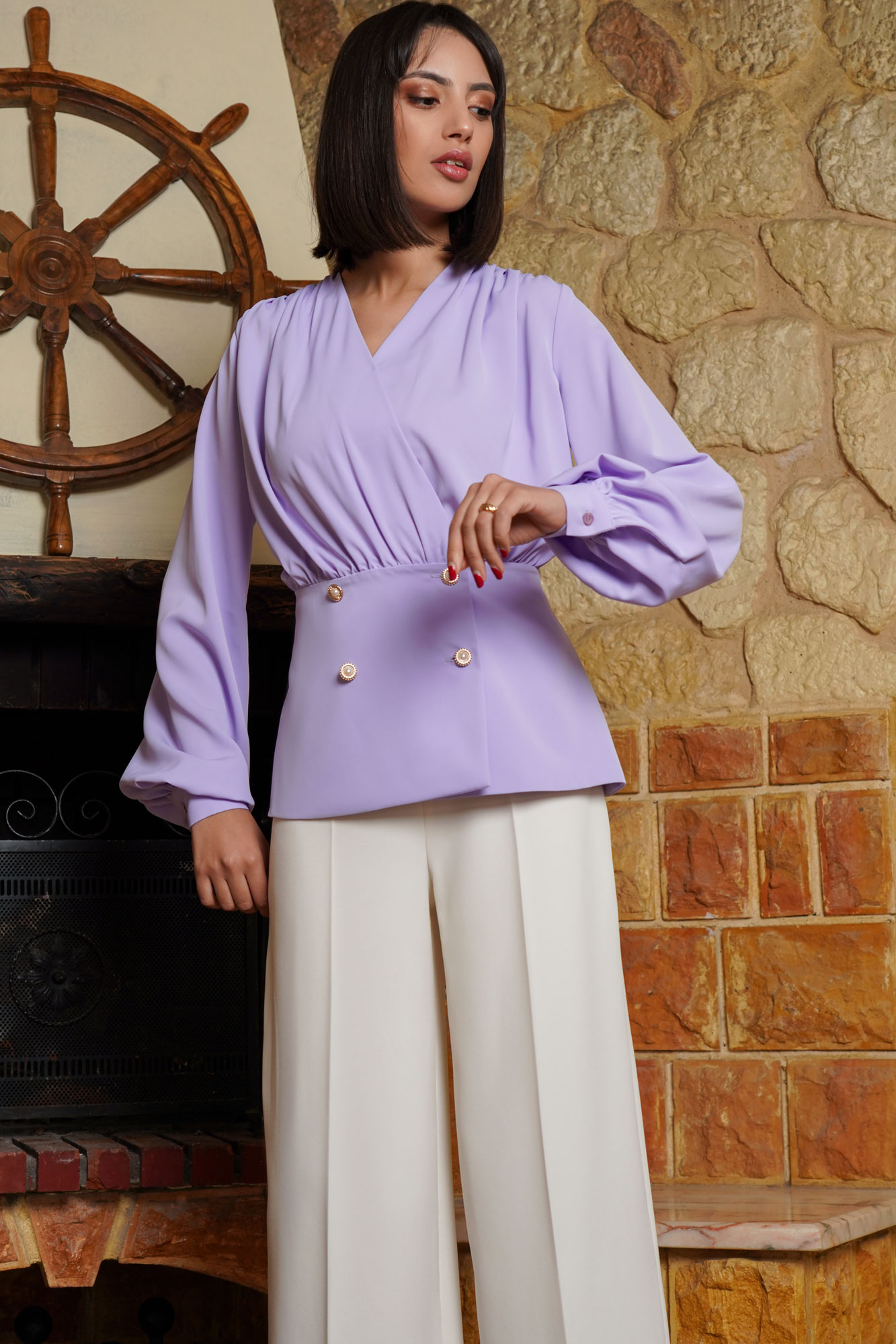 Draped Neckline Lilac Shirt And White Pants