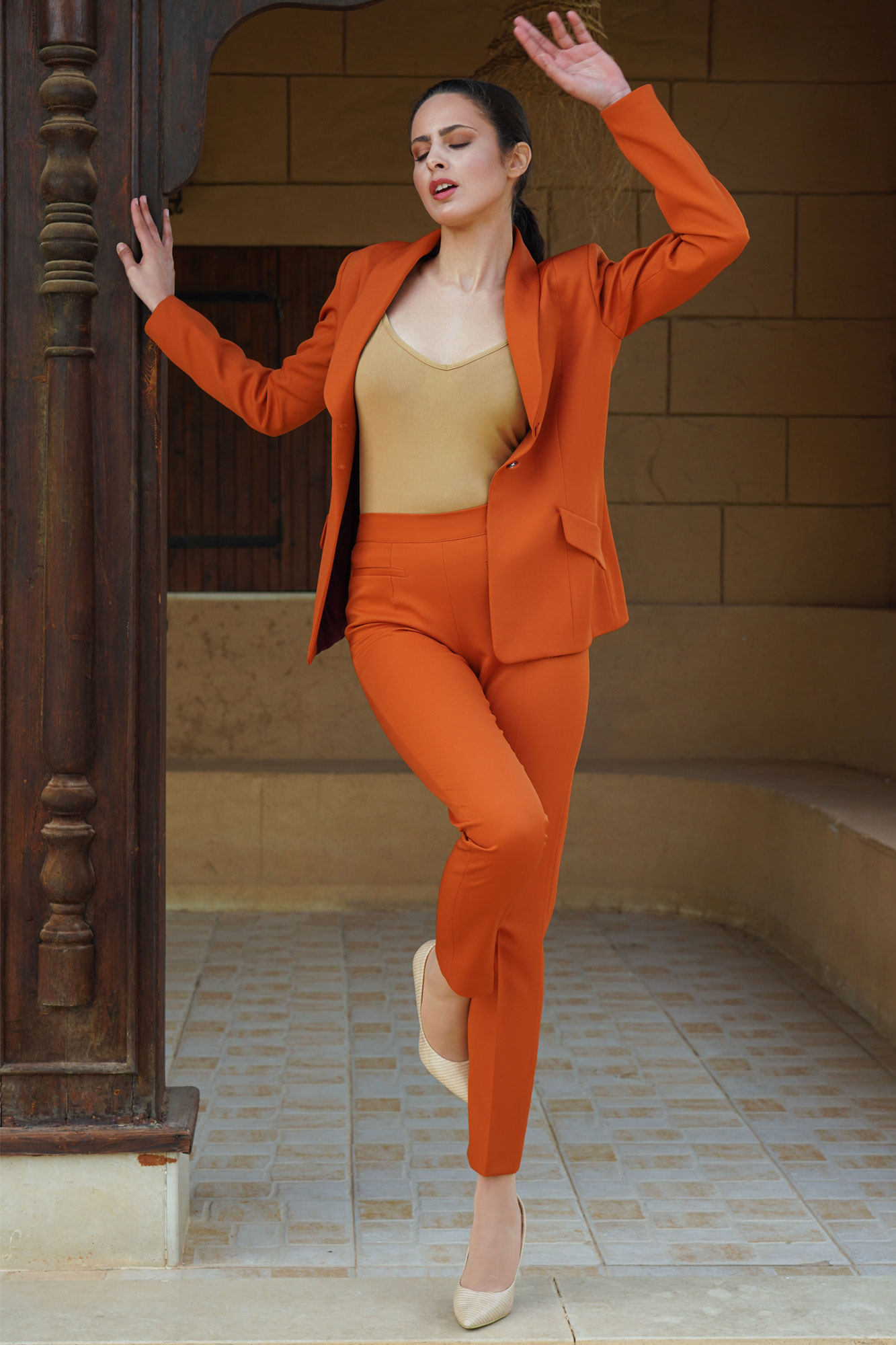 High Rise Orange Pants With Welt Pockets