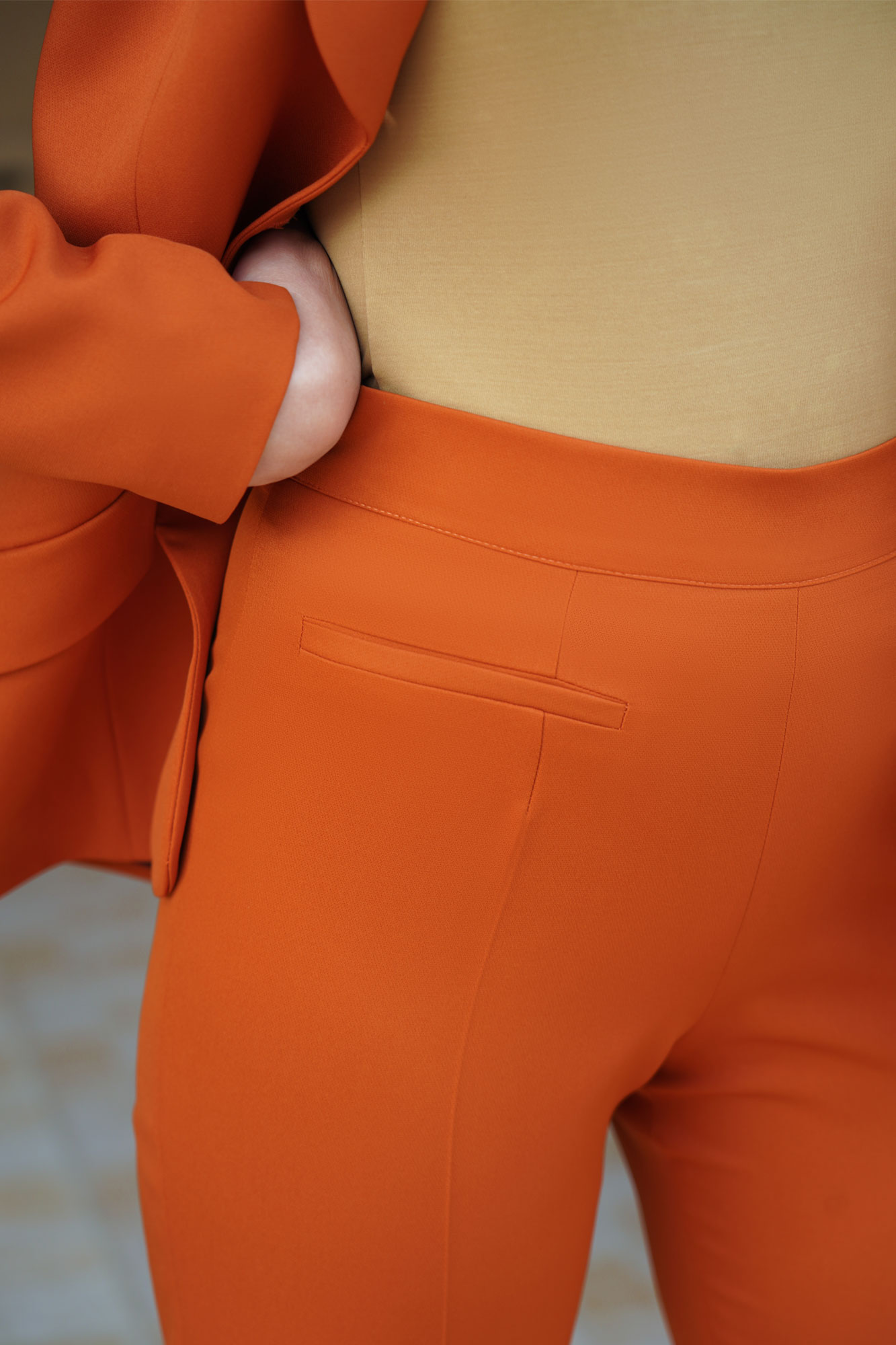 High Rise Orange Pants With Welt Pockets