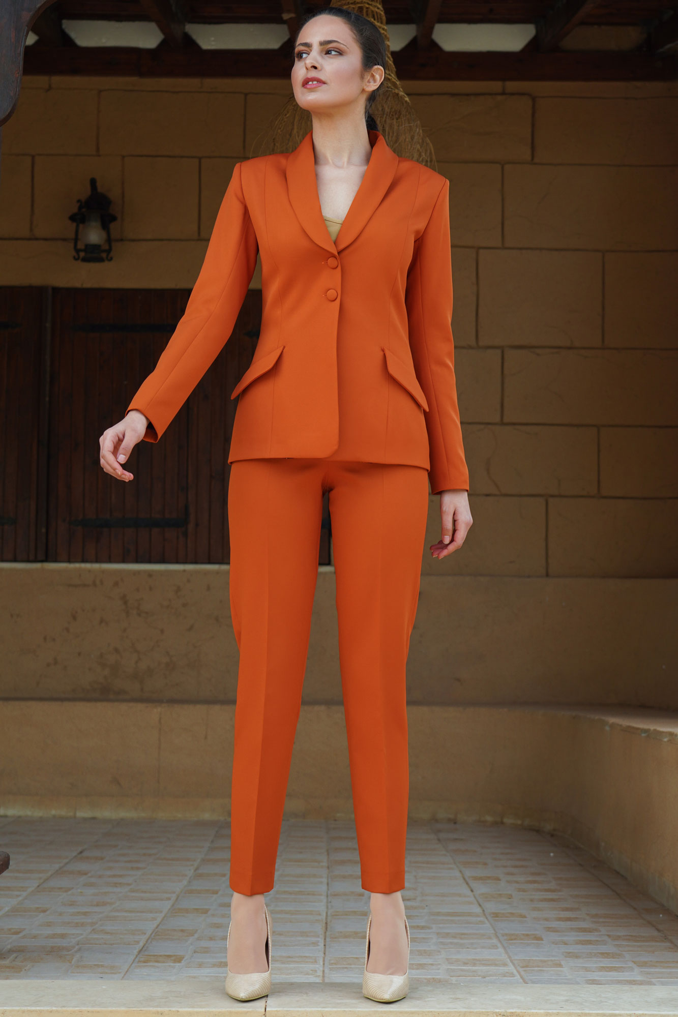 High Rise Orange Pants With Welt Pockets