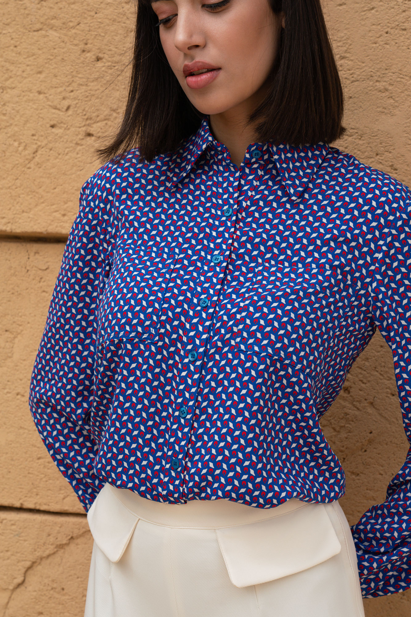 Navy Sea Geometric Print Formal Shirt And White Pants