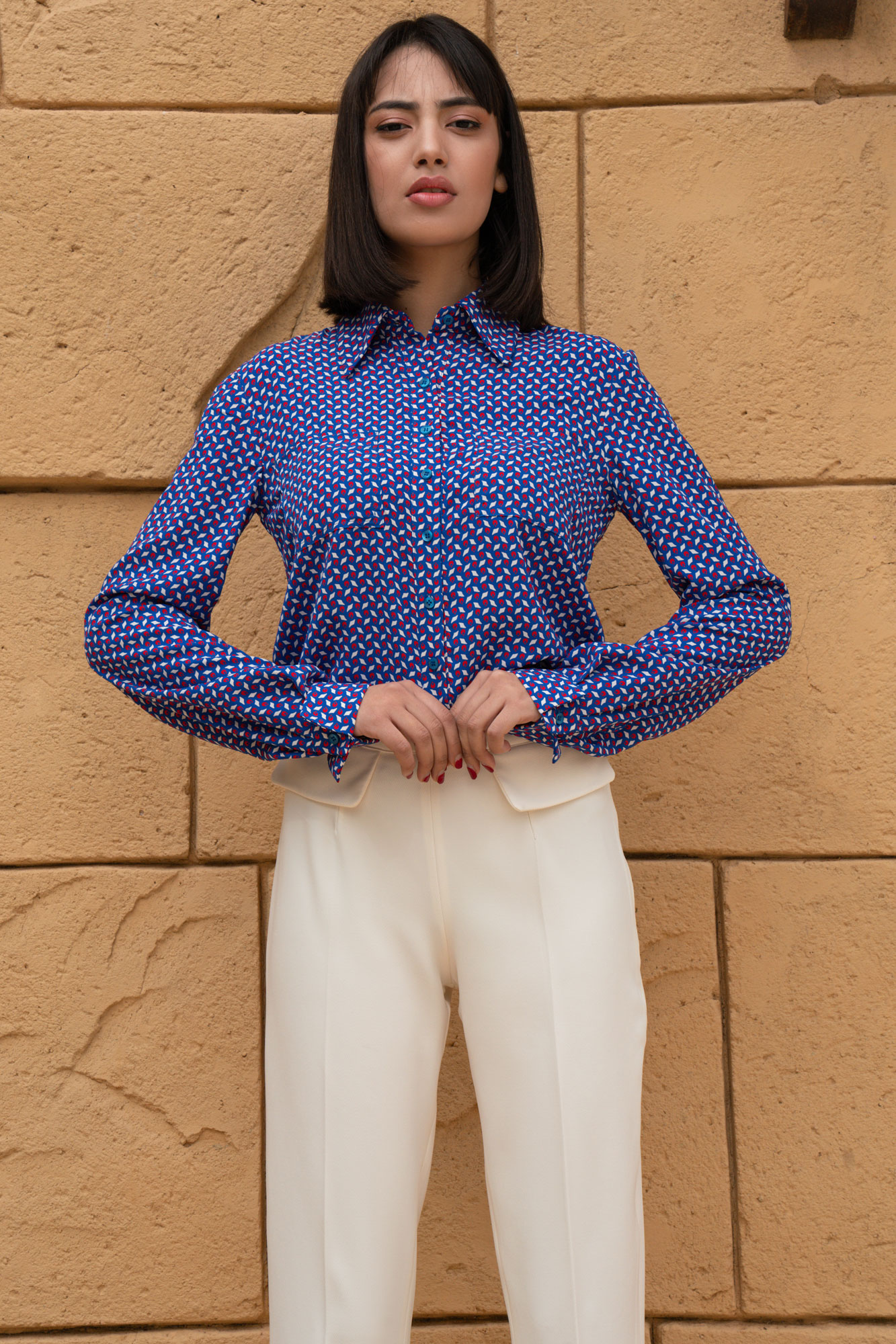 Navy Sea Geometric Print Formal Shirt And White Pants