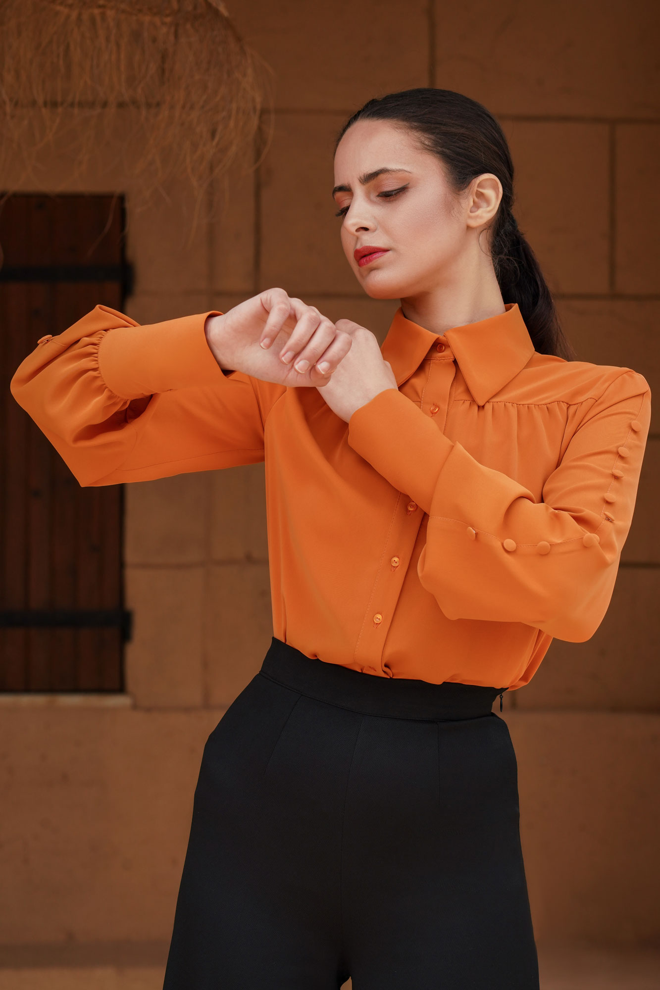 Orange Puff Sleeve Shirt With Buttons