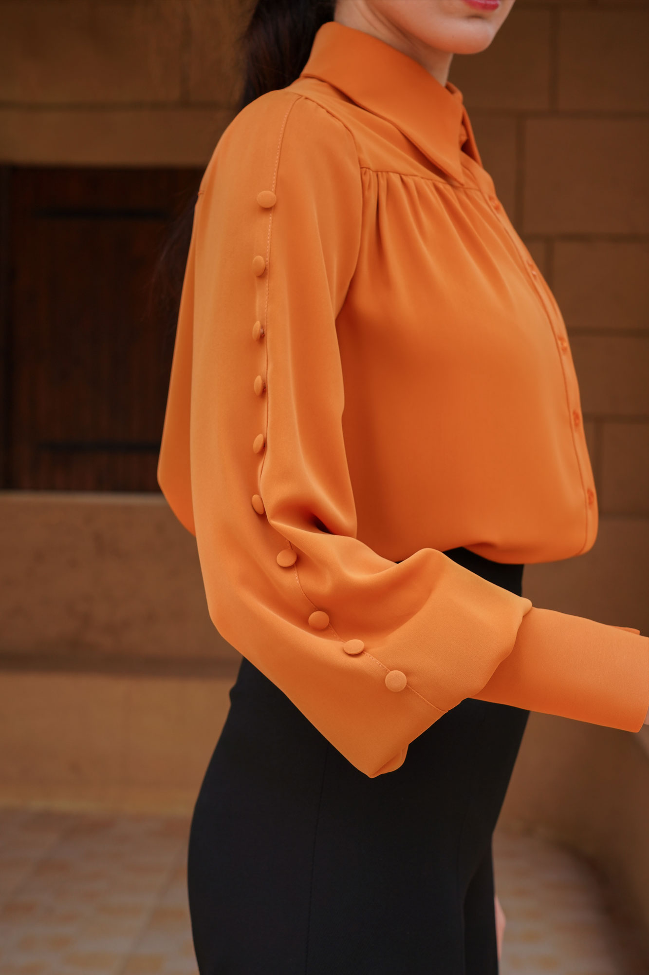 Orange Puff Sleeve Shirt With Buttons