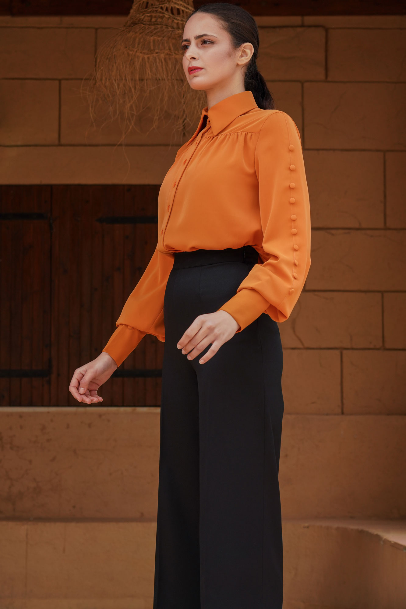 Orange Puff Sleeve Shirt With Buttons