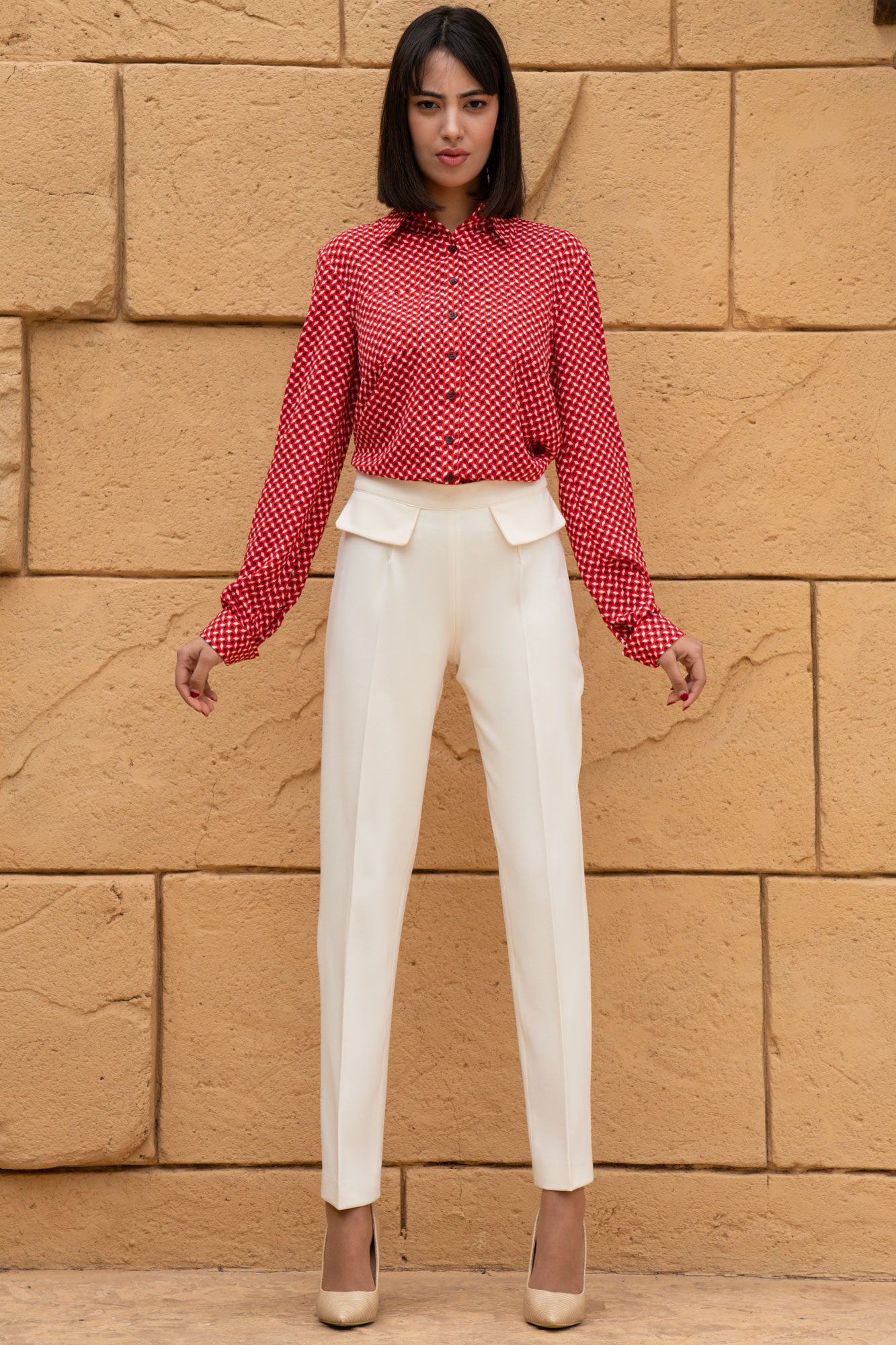 Red Geometric Print Formal Shirt And White Pants