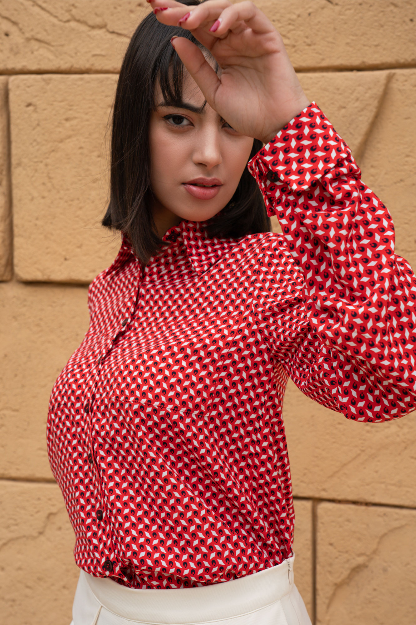 Red Geometric Print Formal Shirt And White Pants