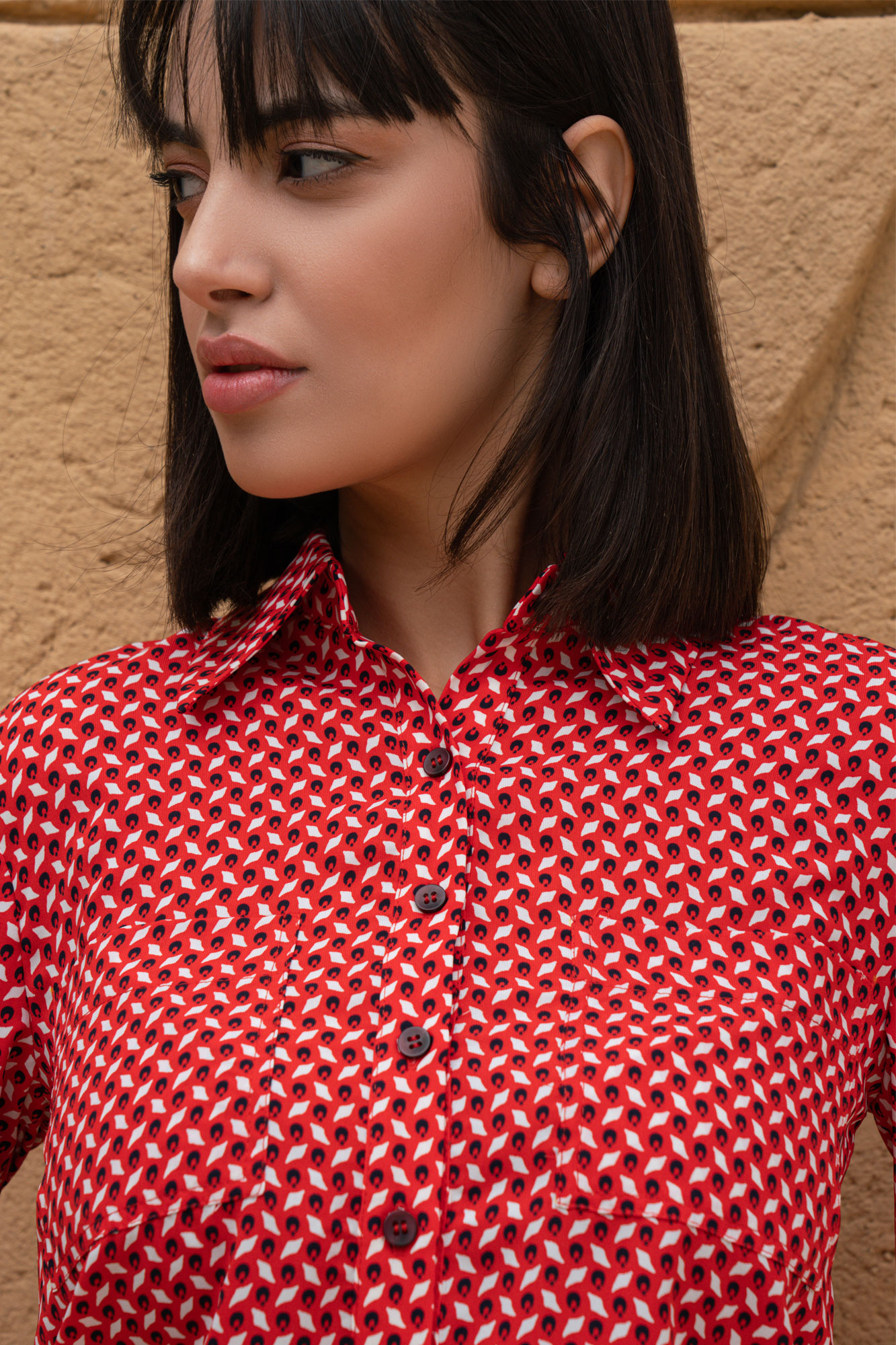 Red Geometric Print Formal Shirt And White Pants