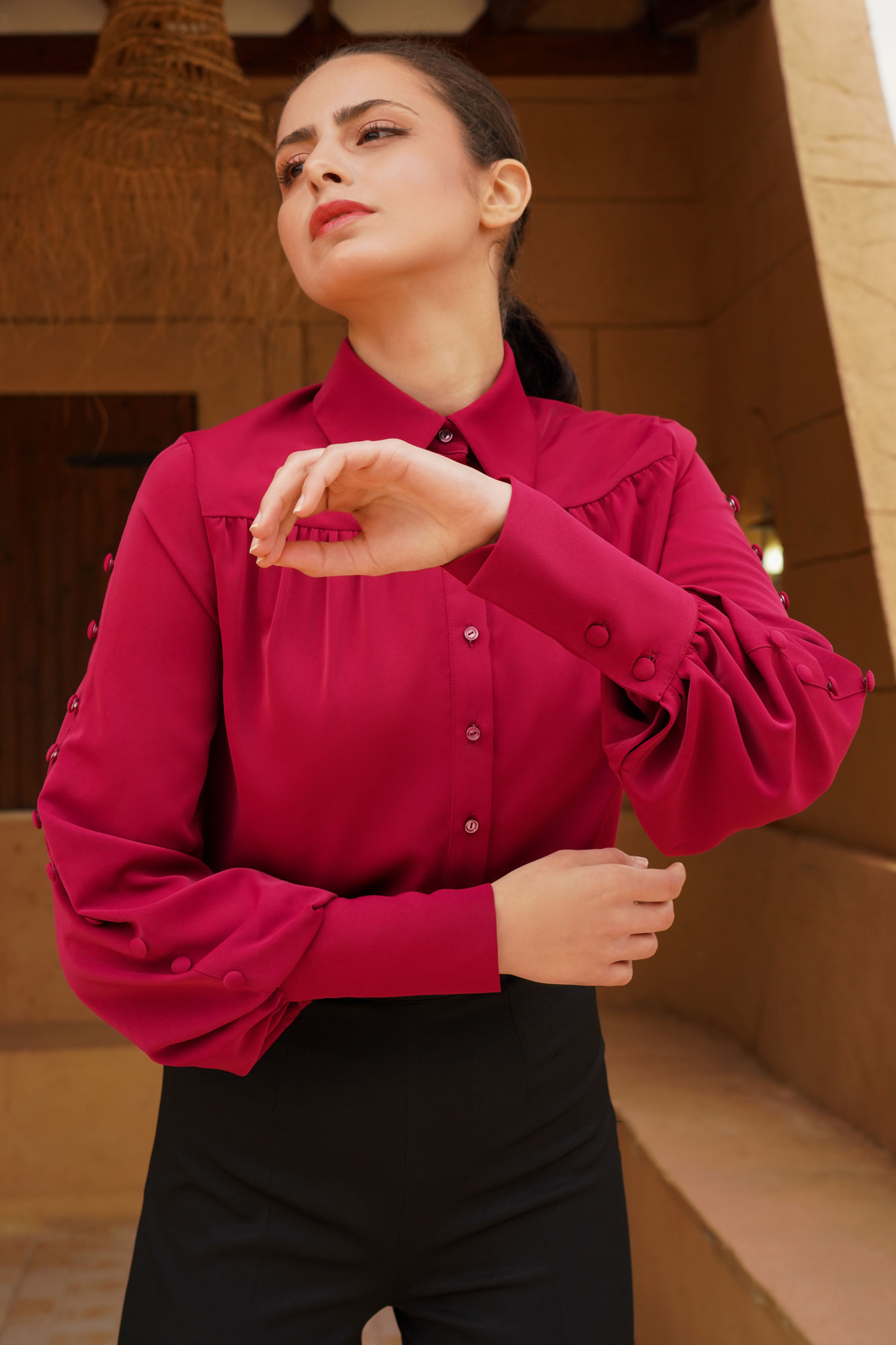 Red Puff Sleeve Shirt With Buttons