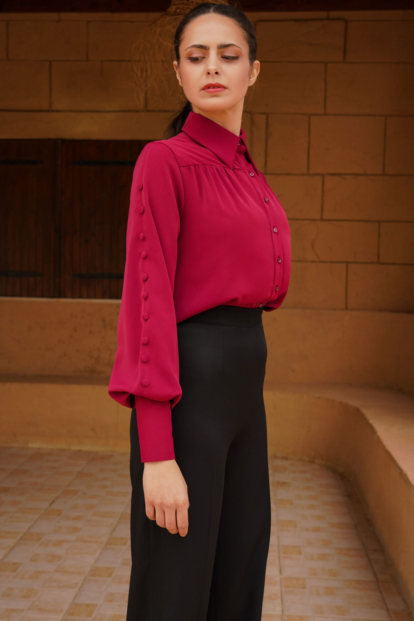 Red Puff Sleeve Shirt With Buttons