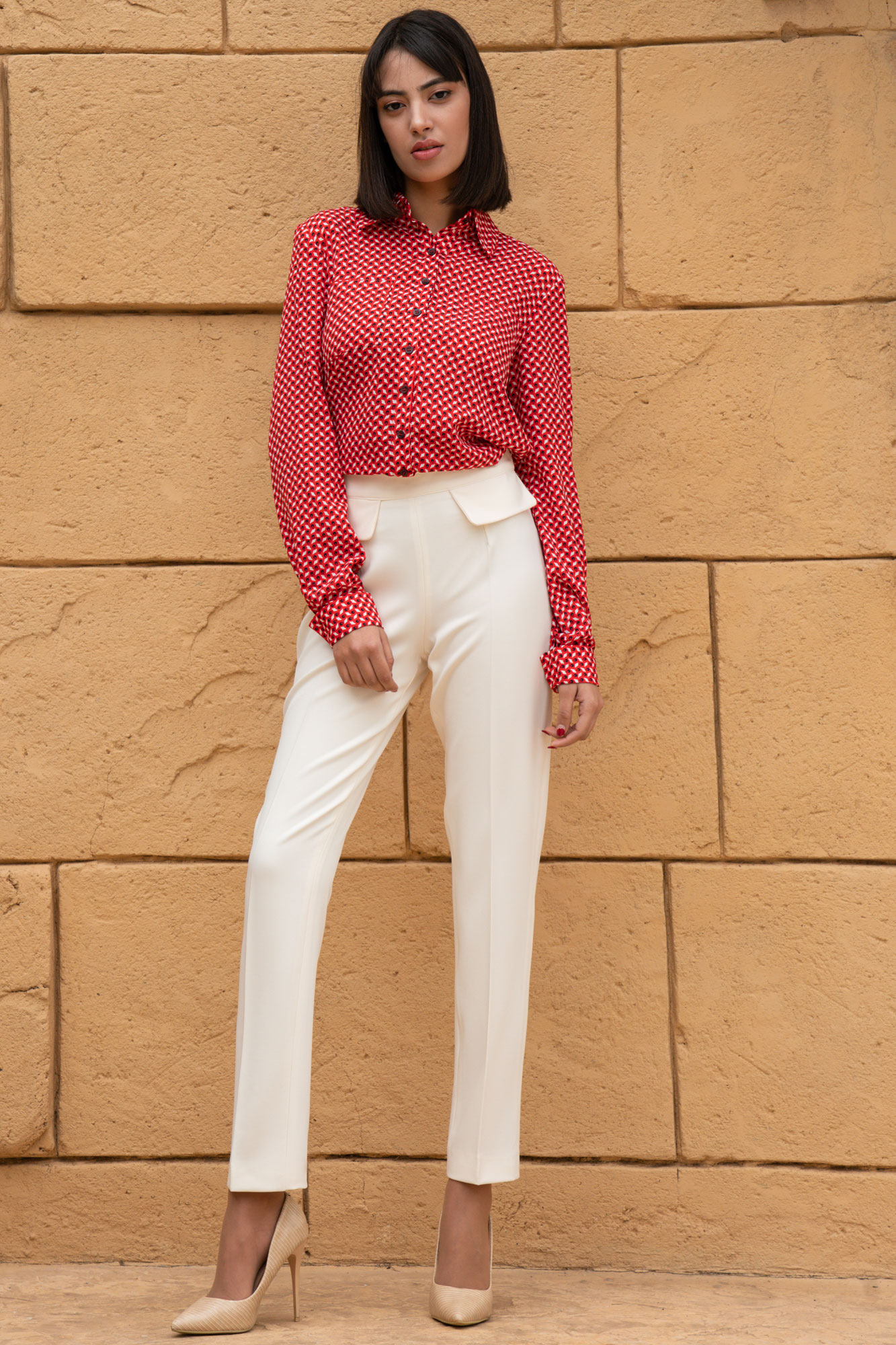 Stitched Pleat High-Rise White Pants With Flap Pockets