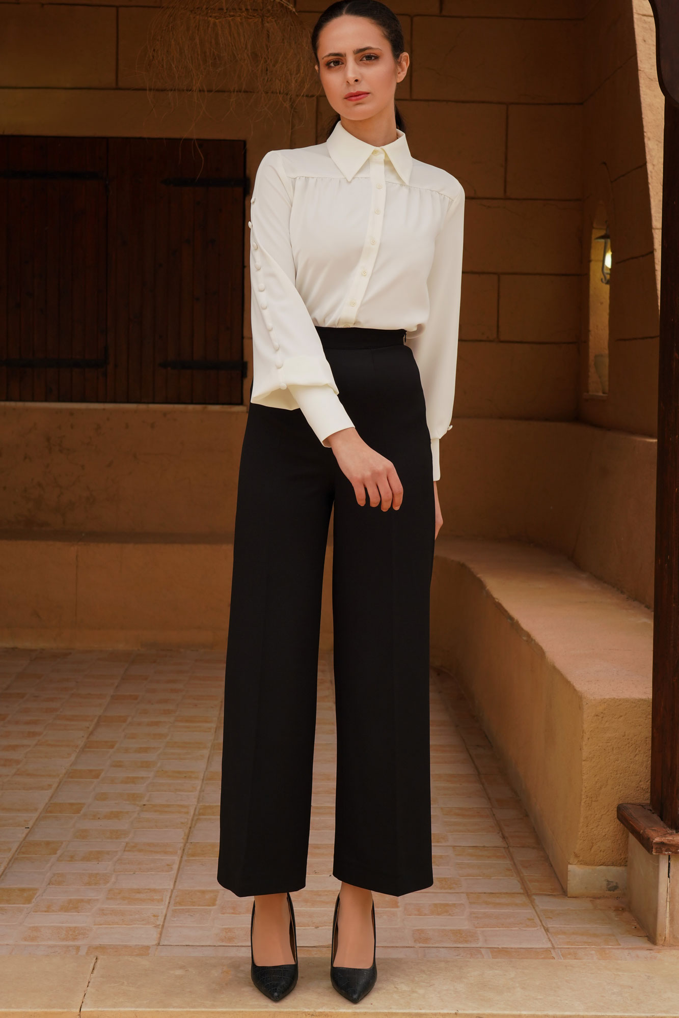 Two Pieces Cornsilk Shirt With Buttons And Black Pants