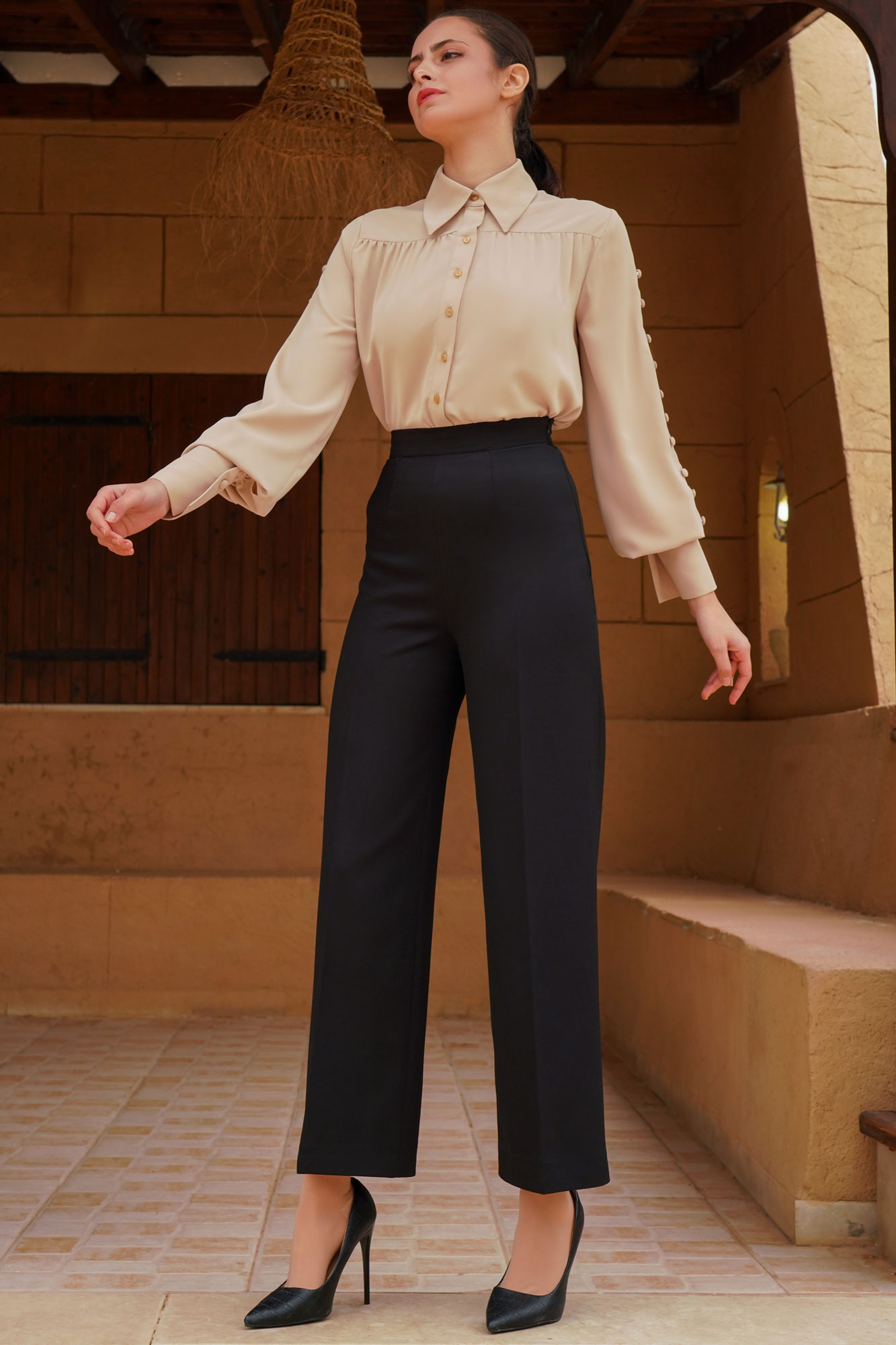 Two Pieces Ivory Shirt With Buttons And Black Pants