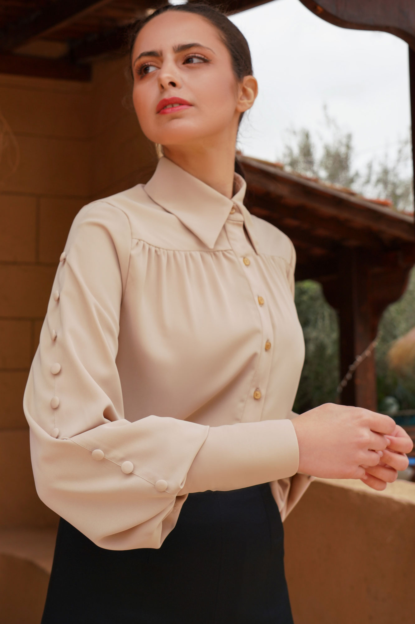 Two Pieces Ivory Shirt With Buttons And Black Pants